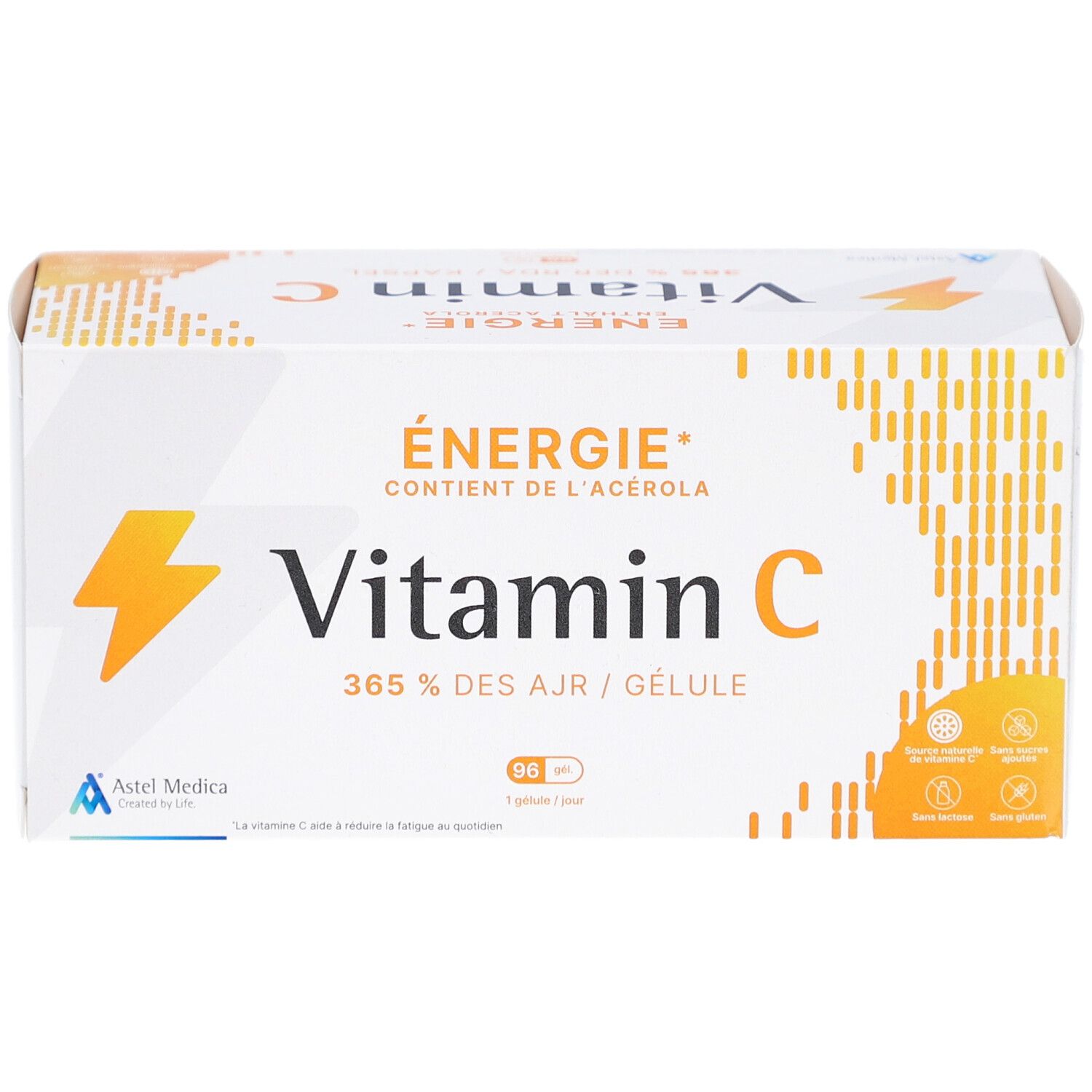 Witte doos met vitamine C. Opschrift: Energie, Vitamin C, 96 capsules. Astel Medica logo.