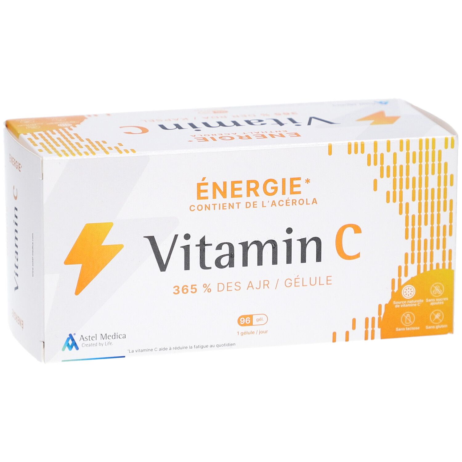 Witte doos met vitamine C. Opschrift: Energie, Vitamin C, 96 capsules. Astel Medica logo.