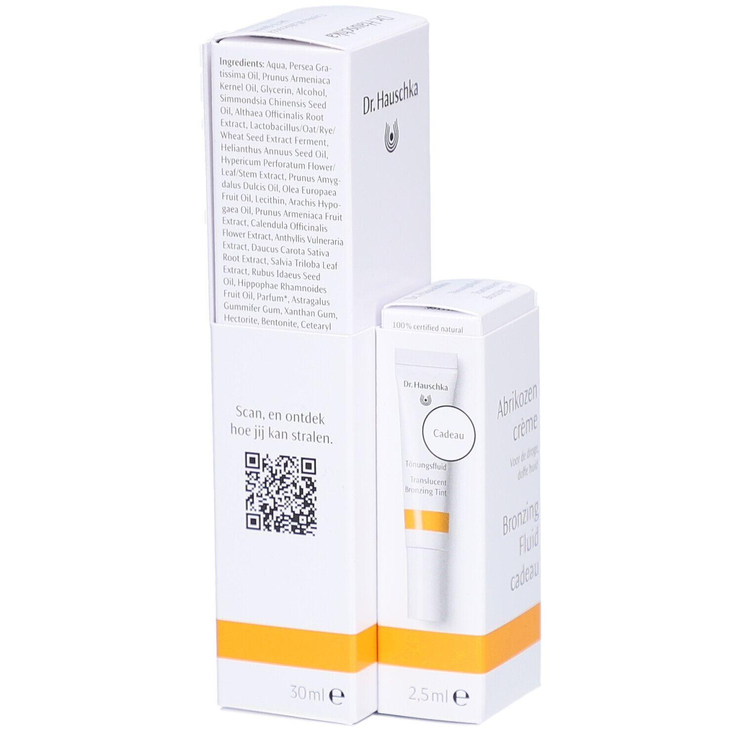 Witte verpakking met productnaam en logo. Bevat een crème en een bronzing fluid. Ingrediënten en QR-code.