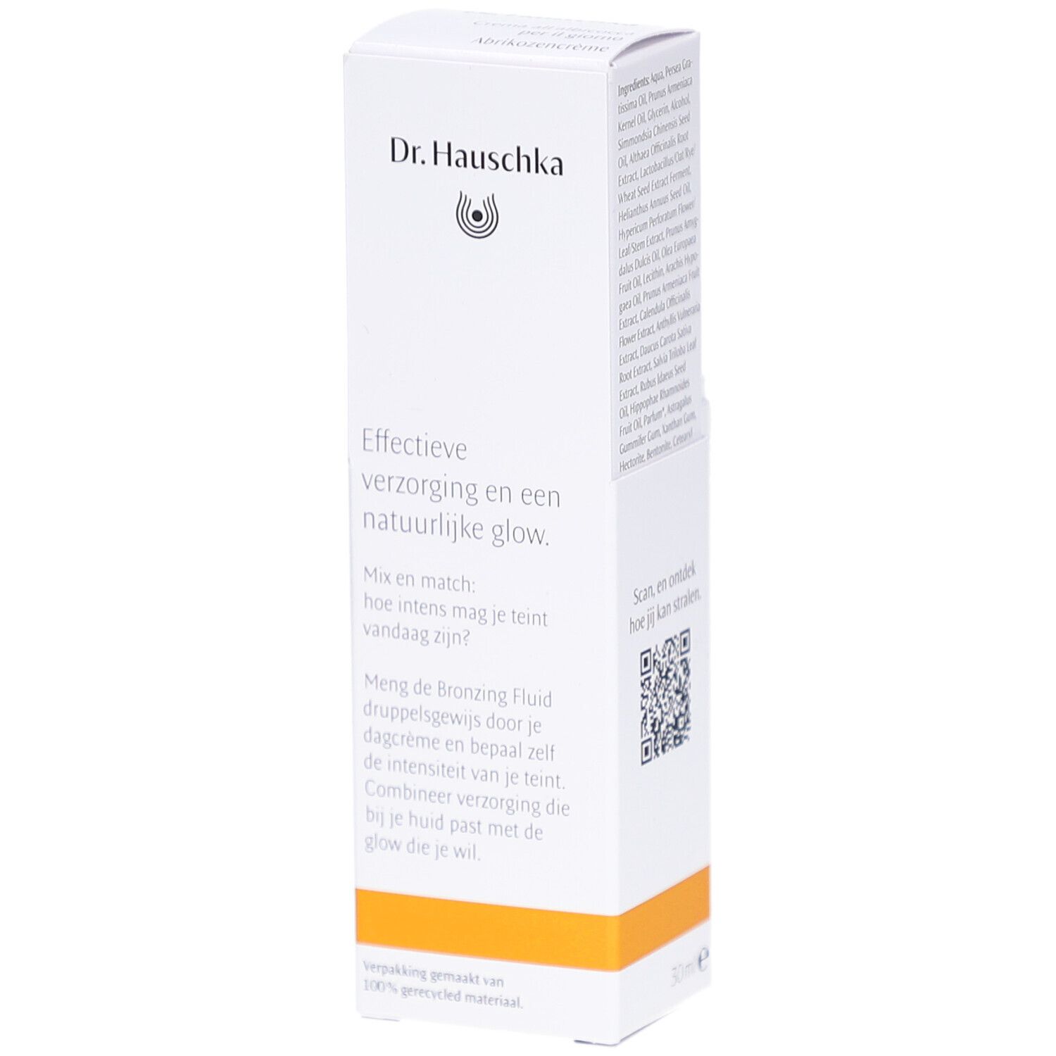 Witte verpakking met productnaam en logo. Bevat een crème en een bronzing fluid. Tekst over verzorging.