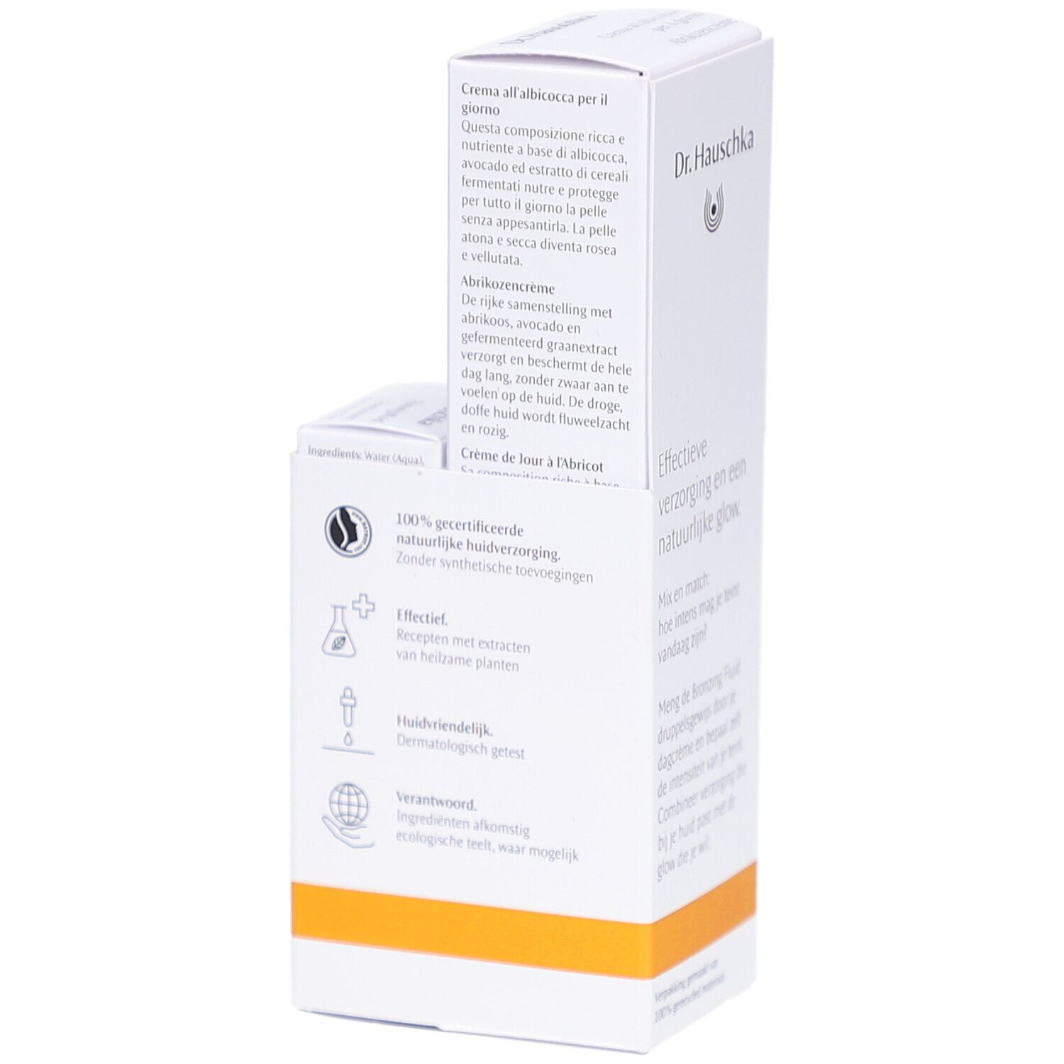 Witte verpakking met productnaam en logo. Bevat een crème en een bronzing fluid. Tekst over ingrediënten.