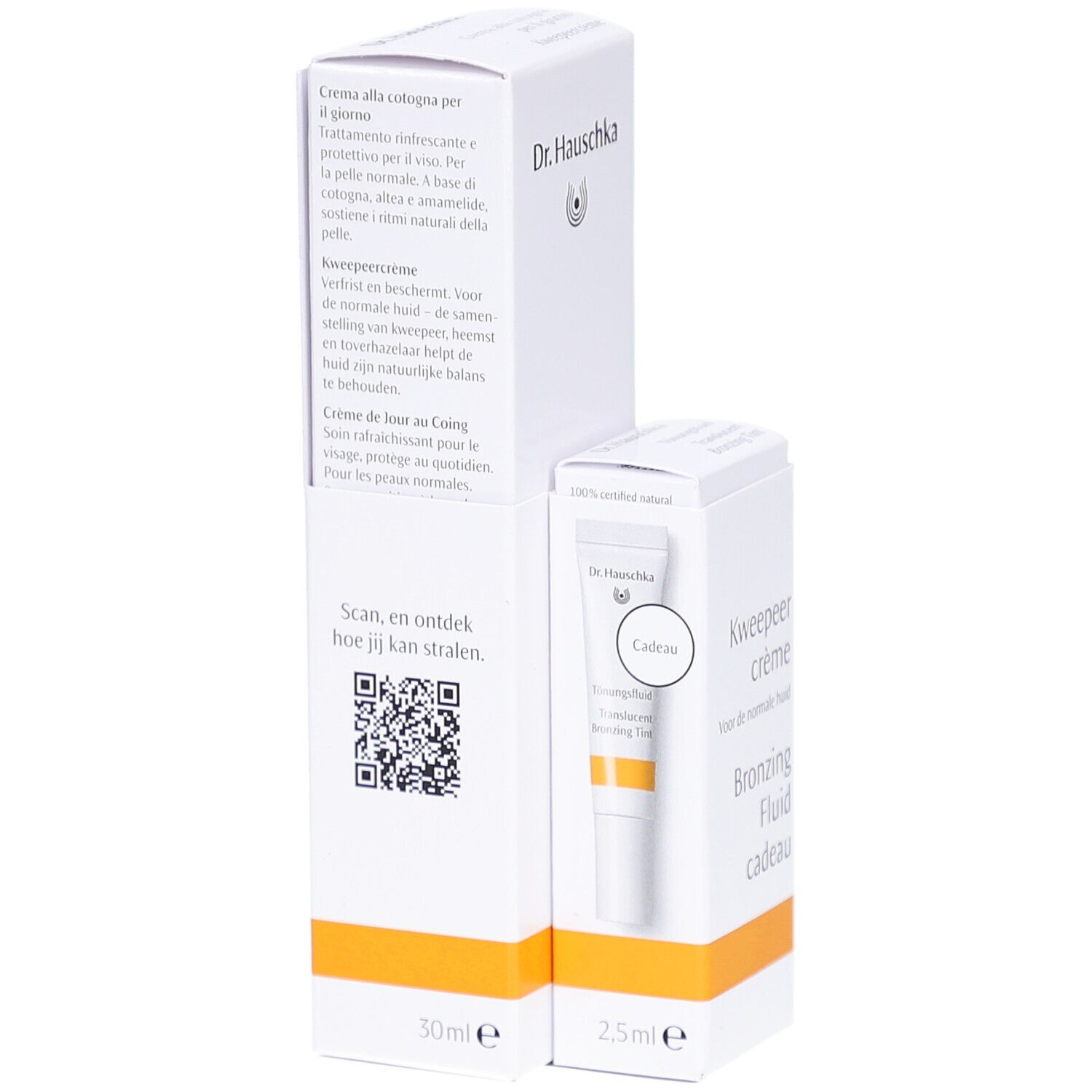 Witte productverpakking met tekst en logo. Opschrift: Kweepeer crème, Bronzing Fluid cadeau. Merk: Dr. Hauschka. QR-code.