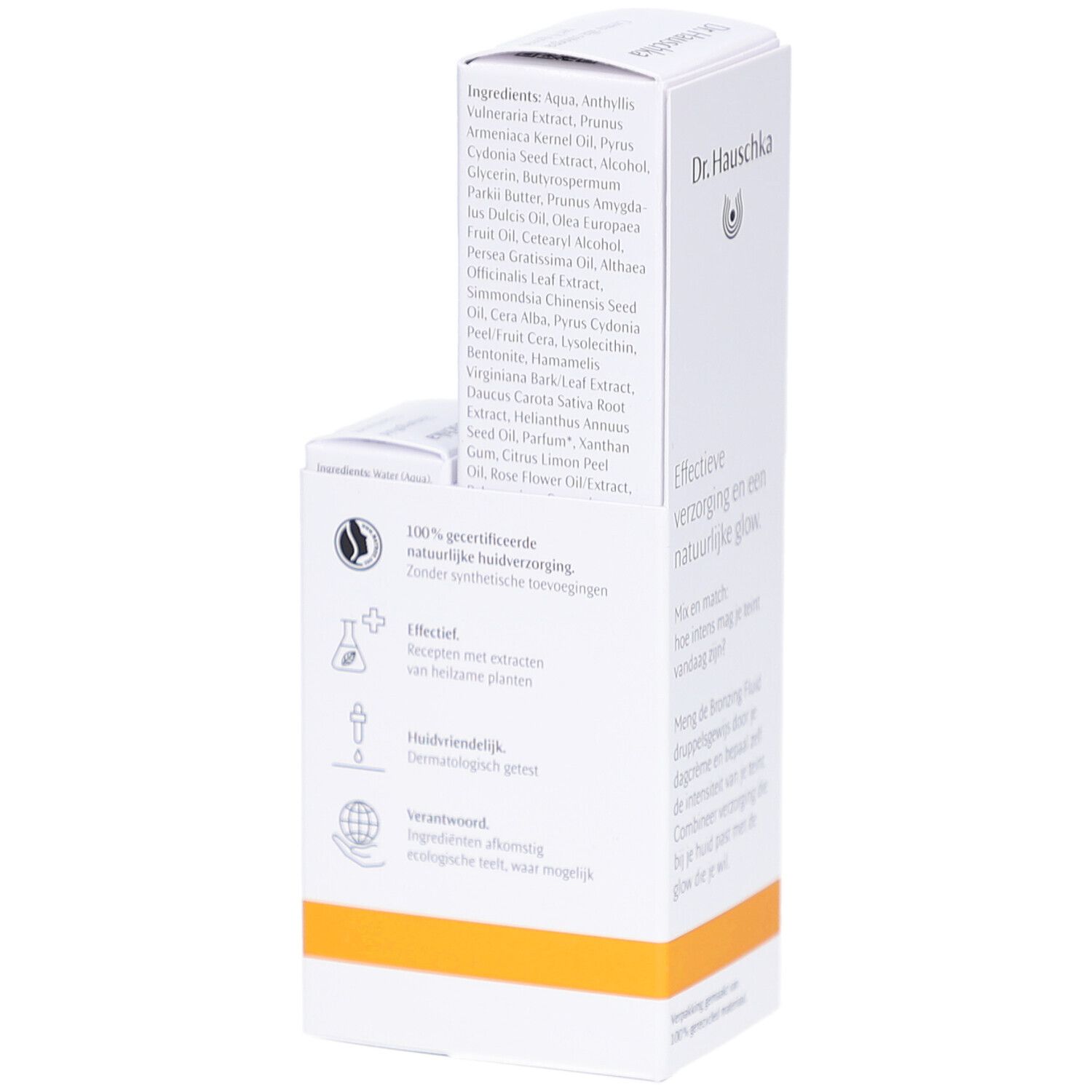 Witte productverpakking met tekst en logo. Opschrift: Ingrediënten, 100% zertifizierte natürliche huidverzorging. Merk: Dr. Hauschka.