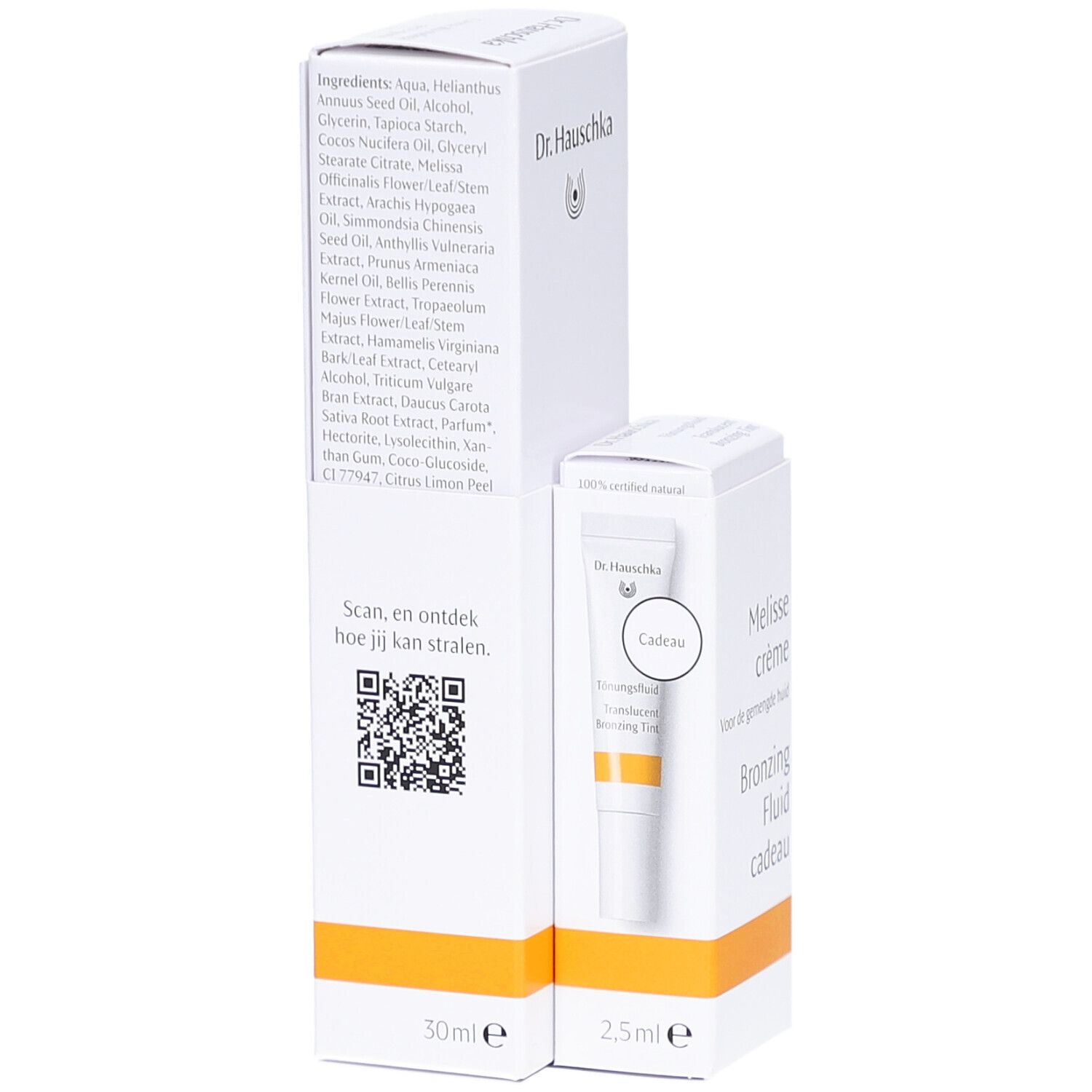 Emballage blanc avec ingrédients et code QR. Contient une petite boîte avec le produit et une image du produit.