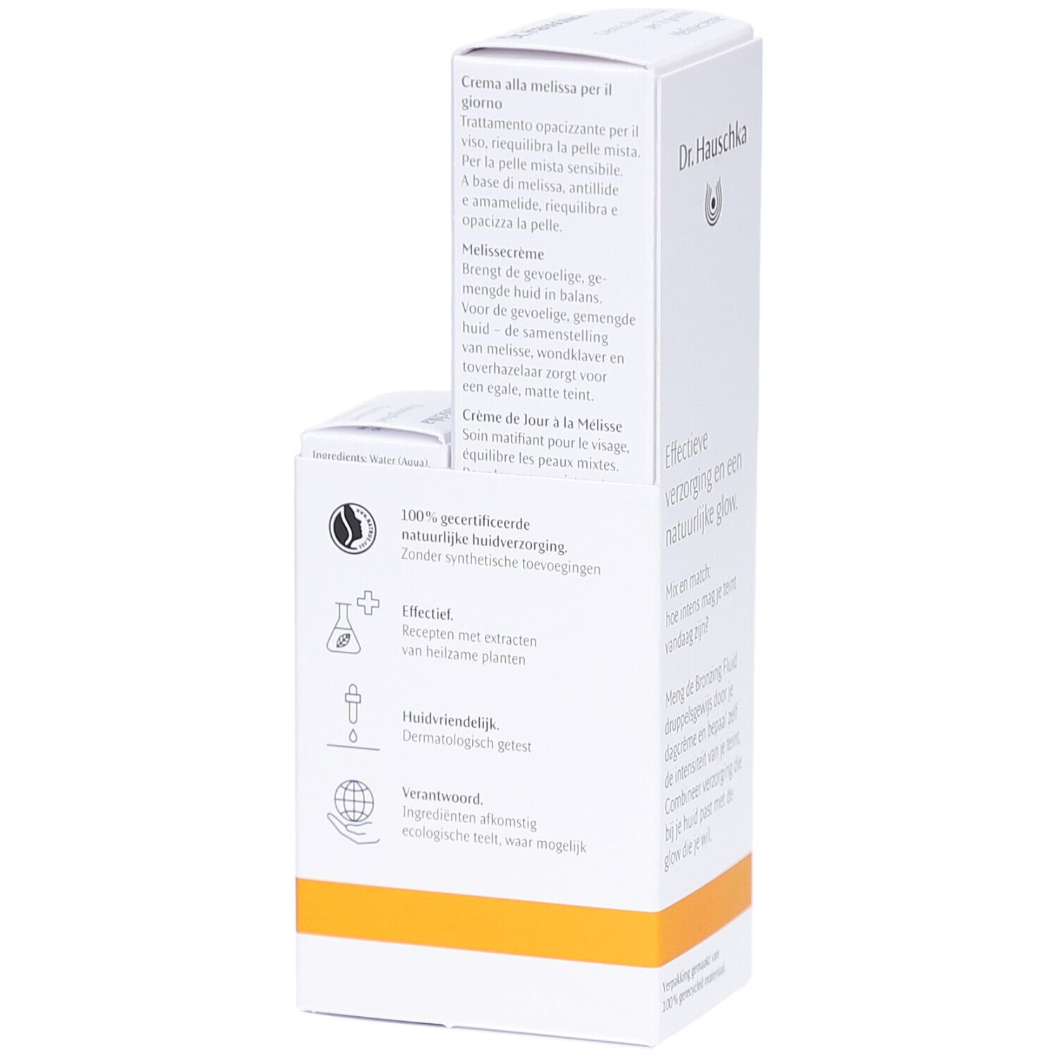 Emballage blanc avec description du produit et logo. Contient une petite boîte avec le produit. Texte en plusieurs langues.