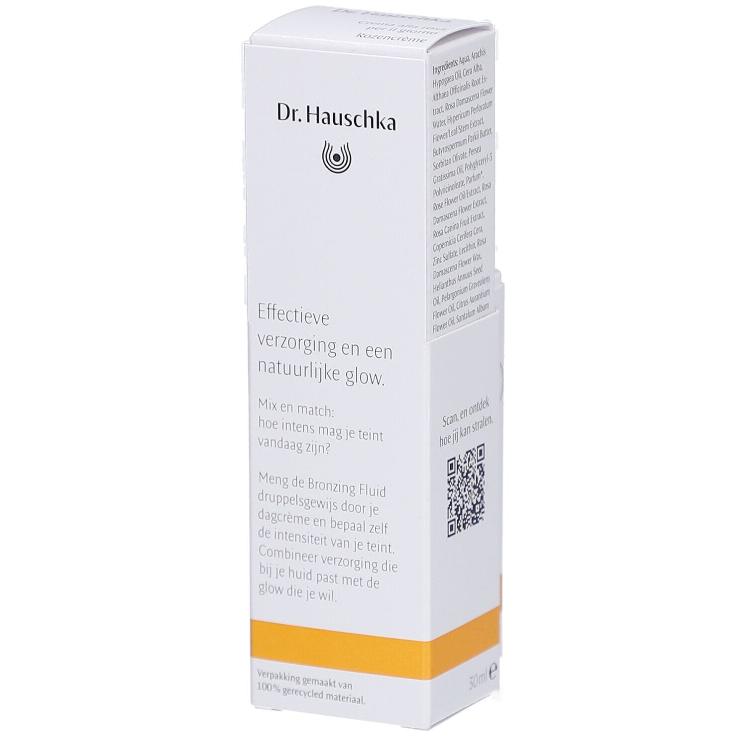 Witte verpakking met Dr. Hauschka logo. Tekst: Effektieve verzorging en een natuurlijke glow. QR-code. 50 ml.