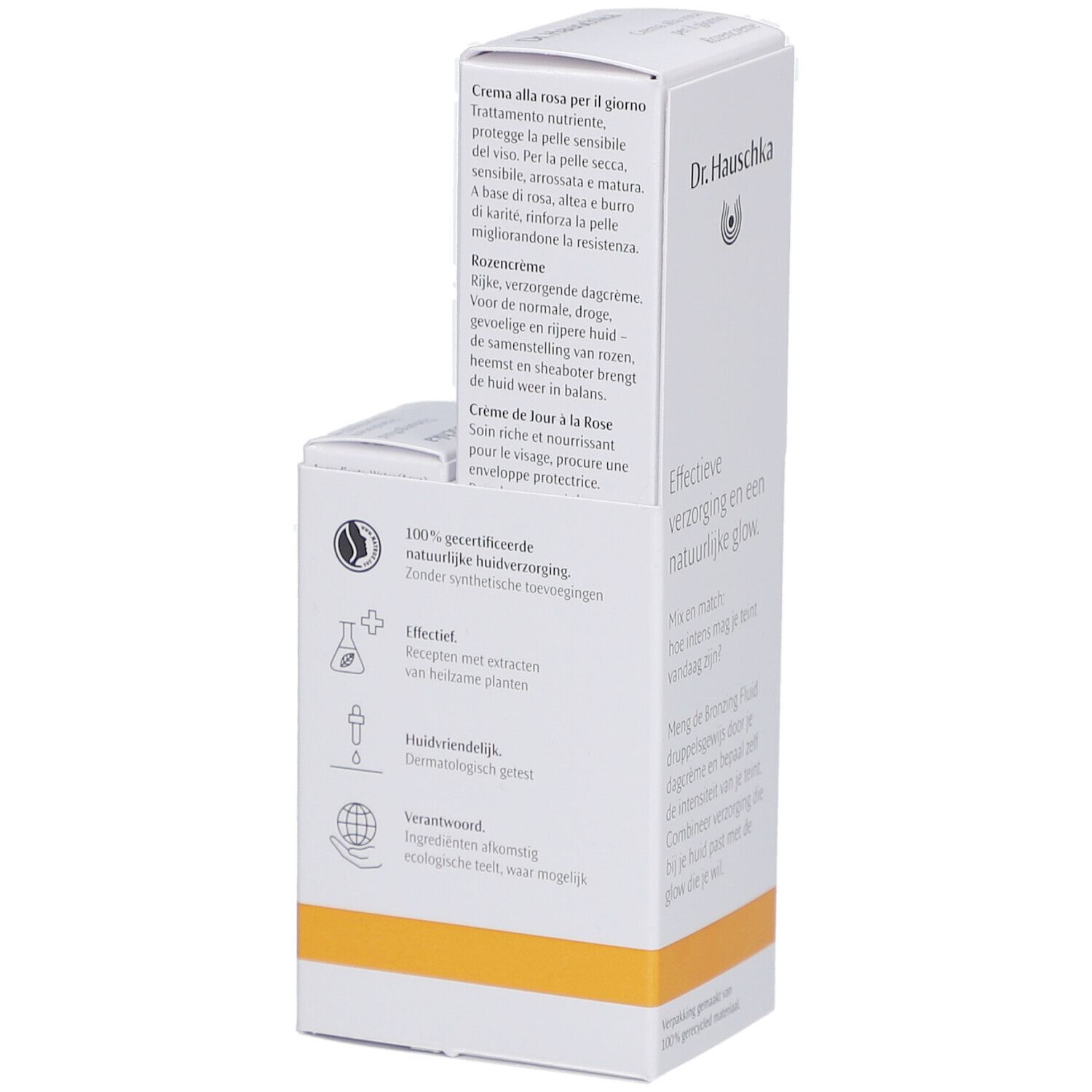Witte verpakking met meertalige tekst. Tekst: Crème de jour à la Rose, Effektieve verzorging. Iconen.