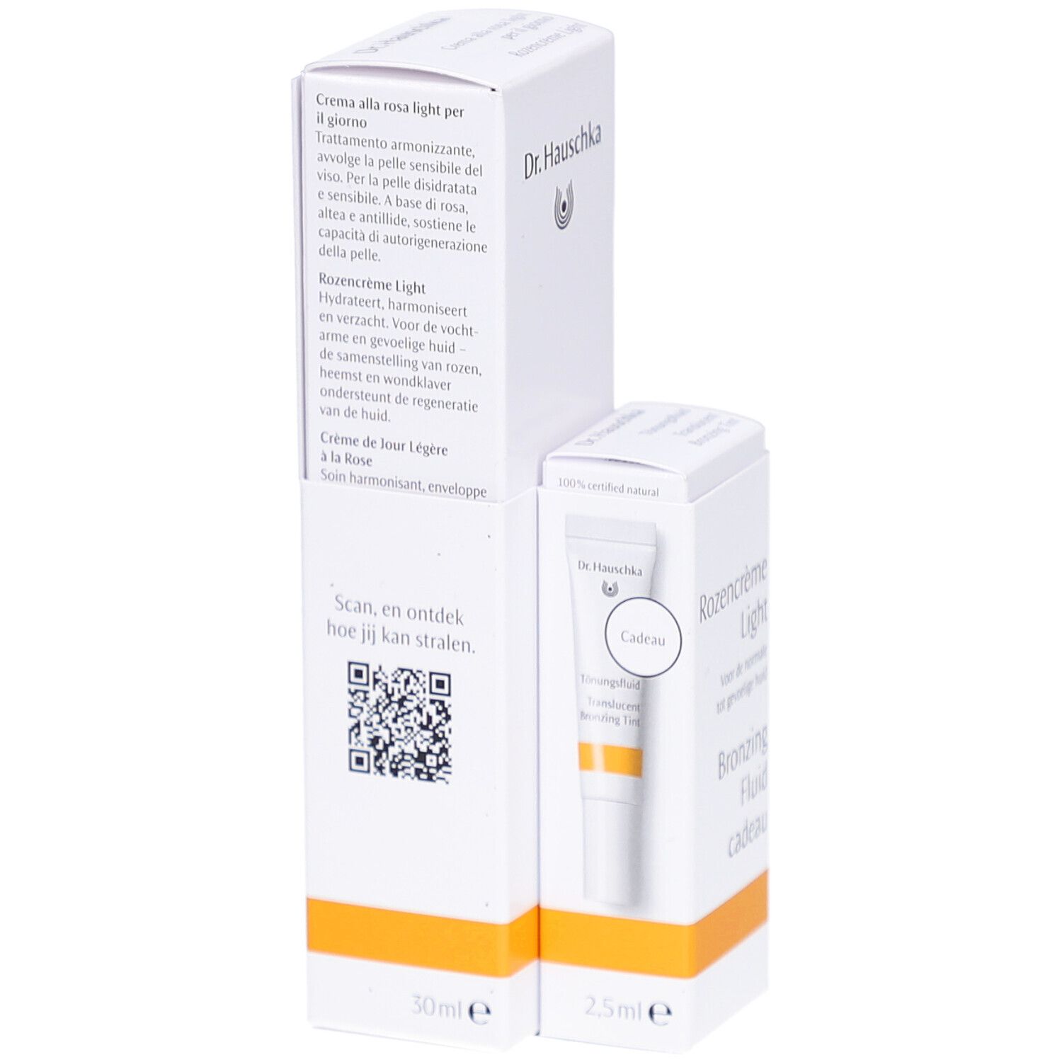 Witte verpakking met tekst en QR-code. Opschrift: Dr. Hauschka, Rozencrème Light, Bronzing Fluid. 30ml en 2.5ml.