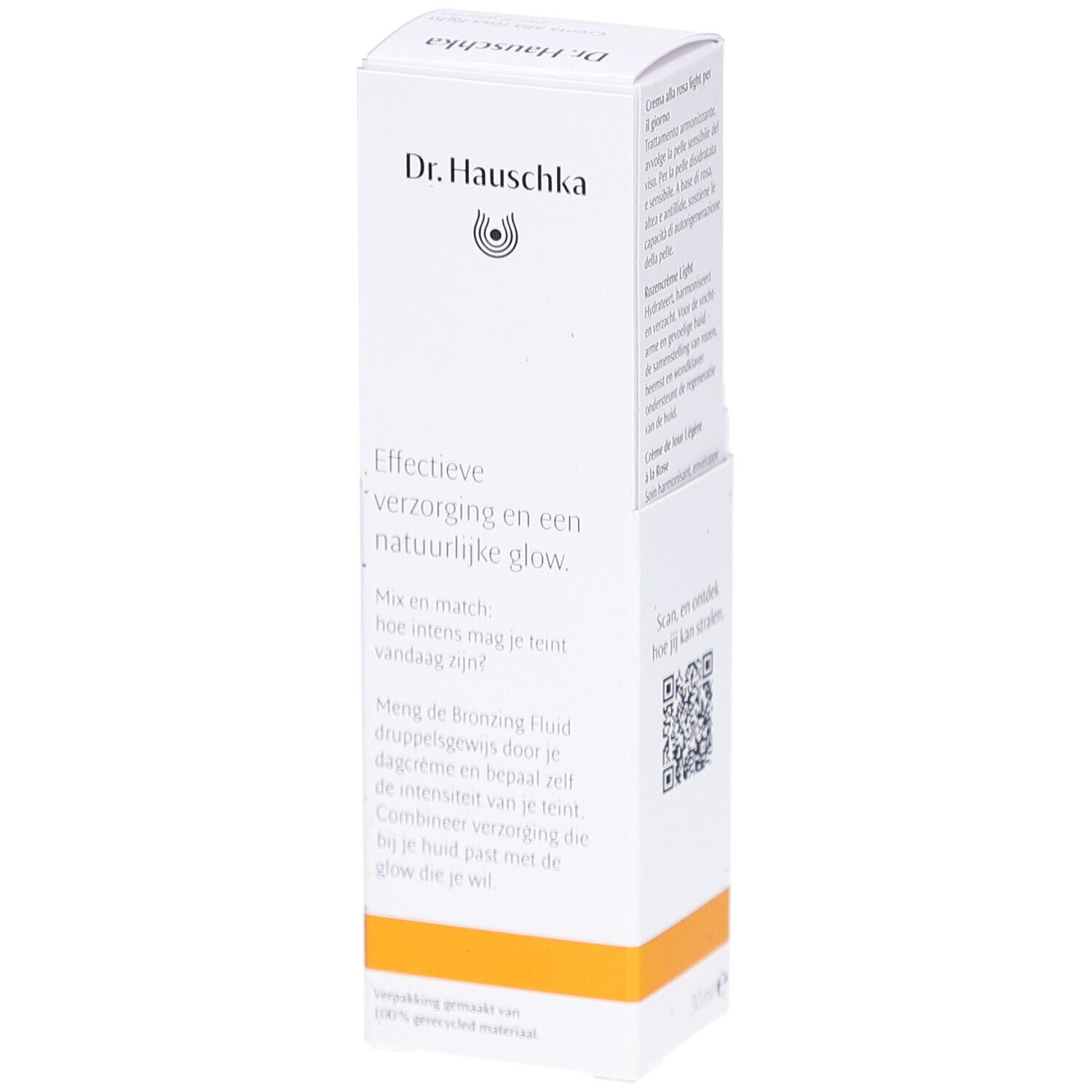 Witte verpakking met tekst. Opschrift: Dr. Hauschka, Effektieve verzorging en een natuurlijke glow. QR-code.