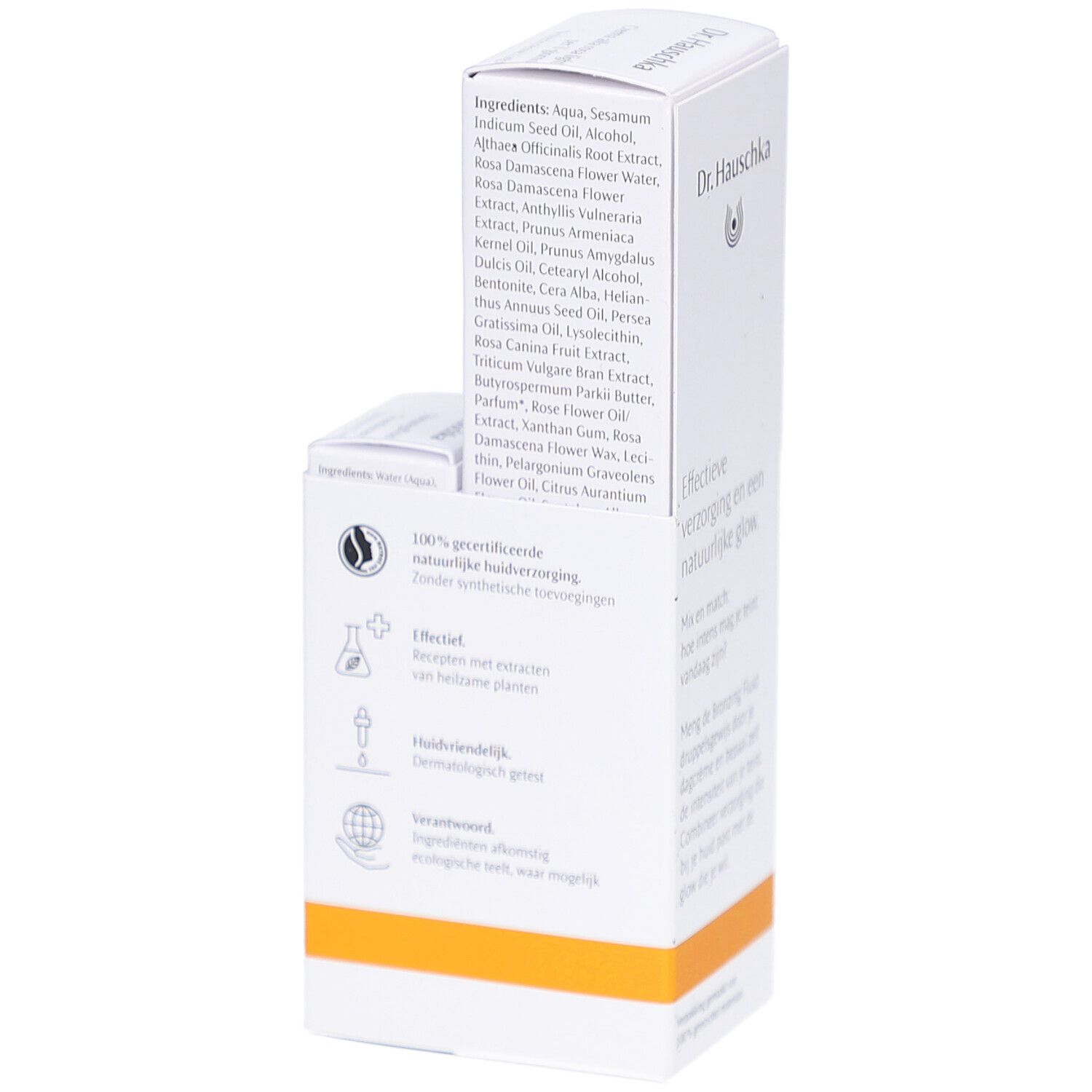 Witte verpakking met tekst. Opschrift: Dr. Hauschka, Ingrediënten, 100% natuurlijke ingrediënten, dermatologisch getest.