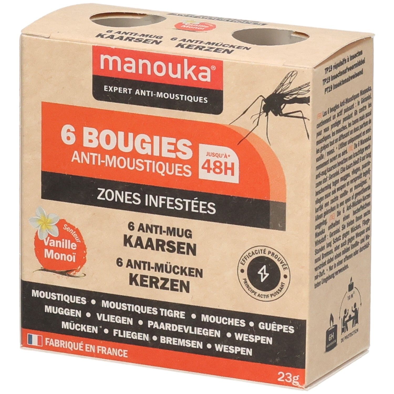 Kartonnen doos met 6 anti-mug kaarsen. Merk Manouka. Tekst: 6 Bougies Anti-Moustiques, Vanille Monoï. Illustratie van een mug.