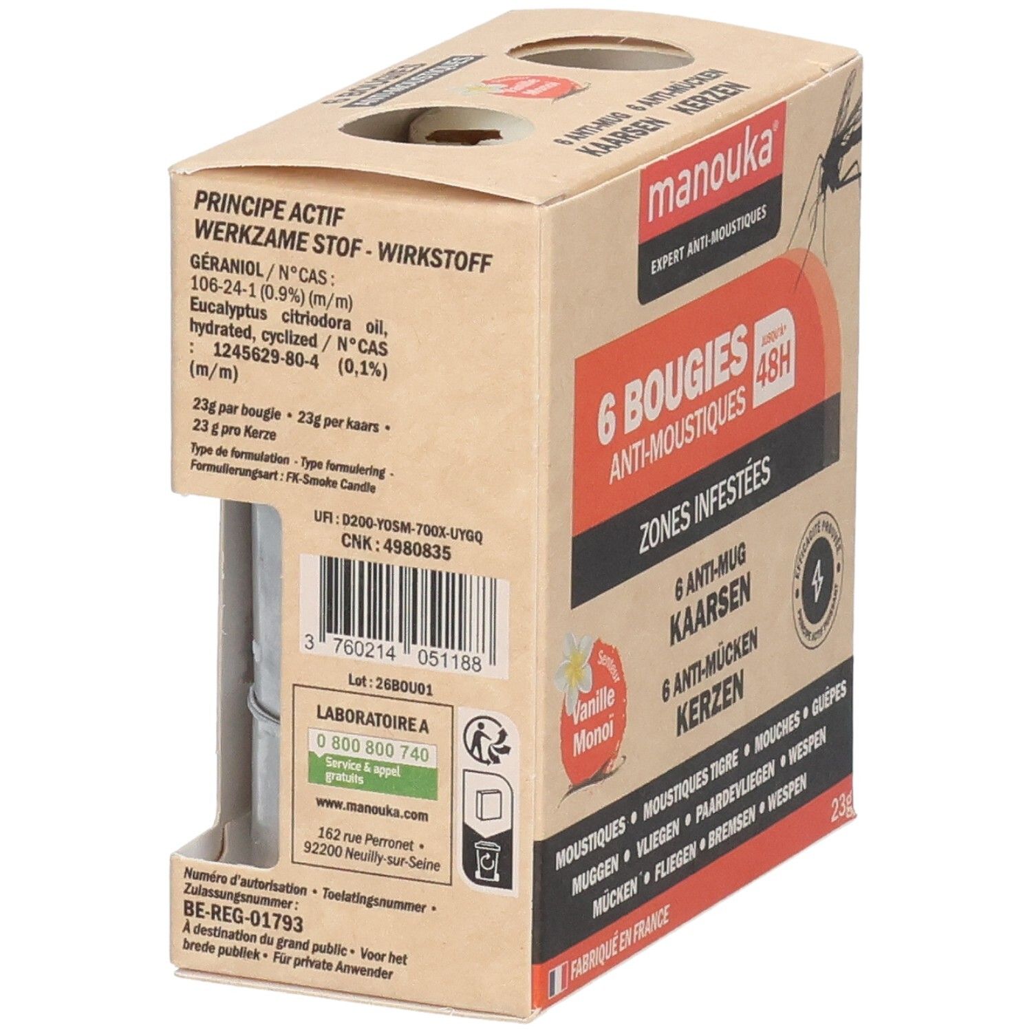 Kartonnen doos met 6 anti-mug kaarsen. Merk Manouka. Opschrift: 6 Bougies Anti-Moustiques. Bevat informatie over ingrediënten en actieve stoffen.