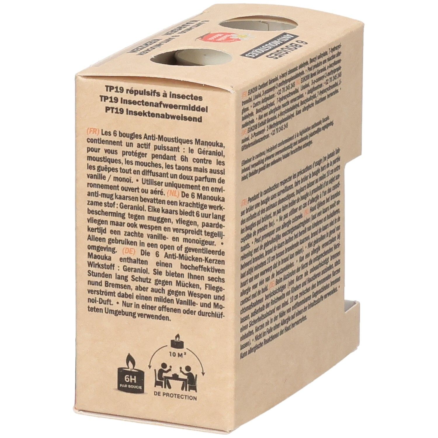 Kartonnen doos met 6 anti-mug kaarsen. Bevat informatie over insectenwerende middelen. Tekst: 6 Anti-Mug Kaarsen. 6u bescherming.
