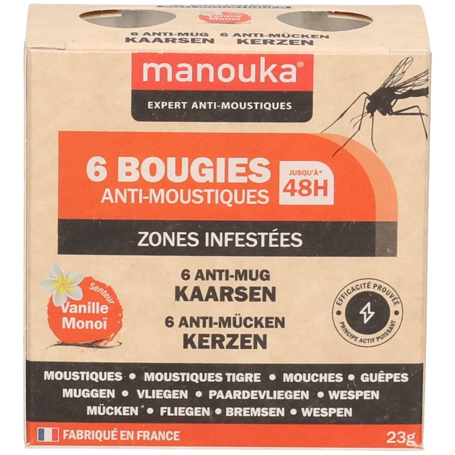 Kartonnen doos met 6 anti-mug kaarsen. Merk Manouka. Opschrift: 6 Bougies Anti-Moustiques, Vanille Monoï. Illustratie van een mug.