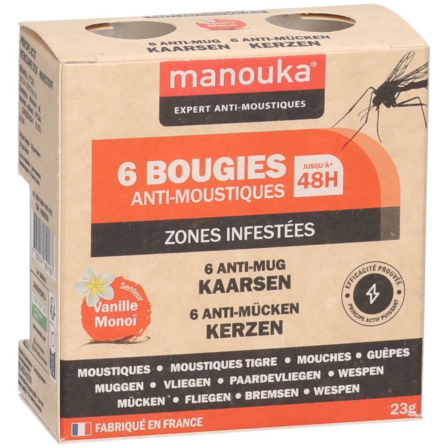 Kartonnen doos met 6 anti-mug kaarsen. Merk Manouka. Opschrift: 6 Bougies Anti-Moustiques, Vanille Monoï. Illustratie van een mug.