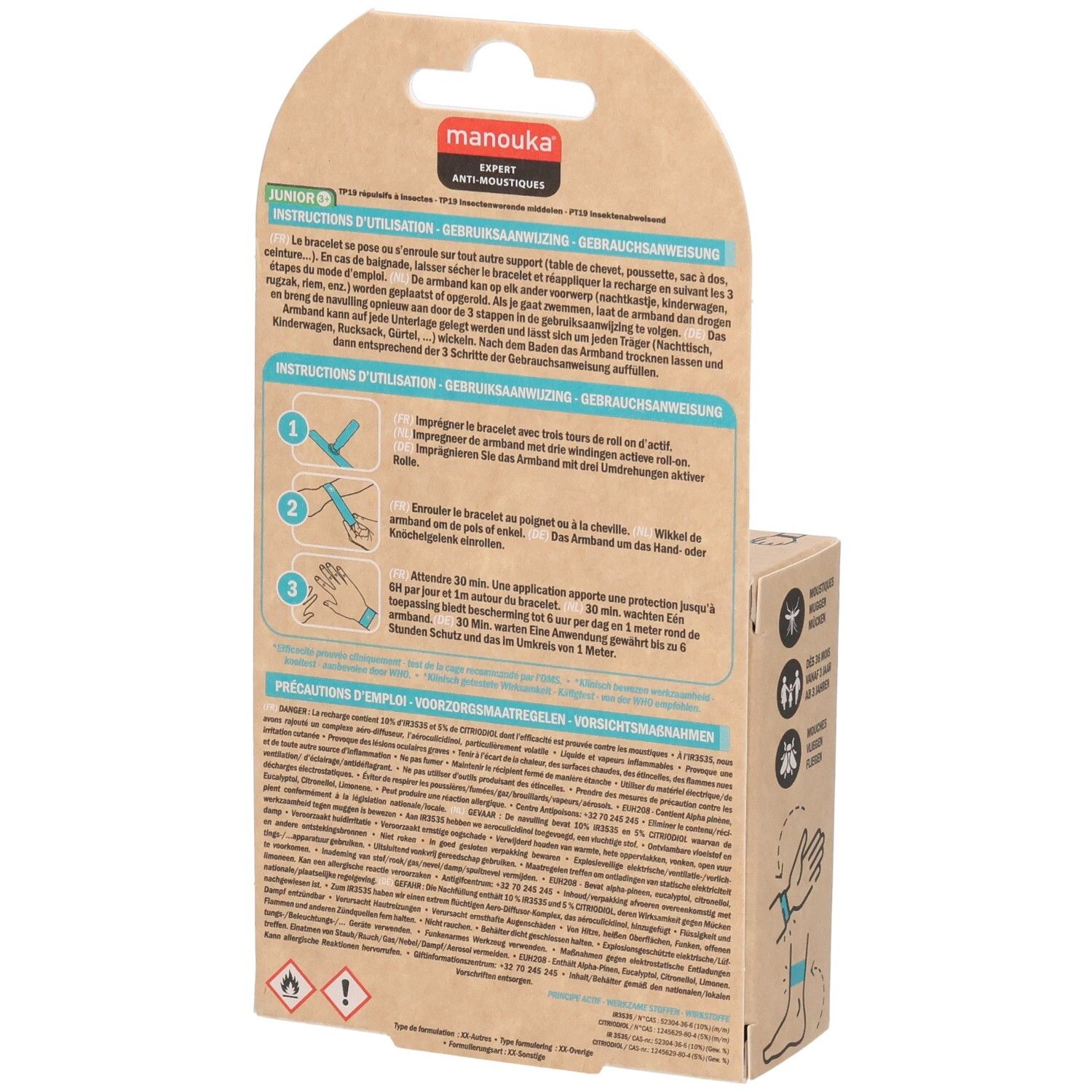 Achterkant van de kartonnen verpakking. Instructies in meerdere talen. Tekst: Gebruiksaanwijzing, Voorzorgsmaatregelen.