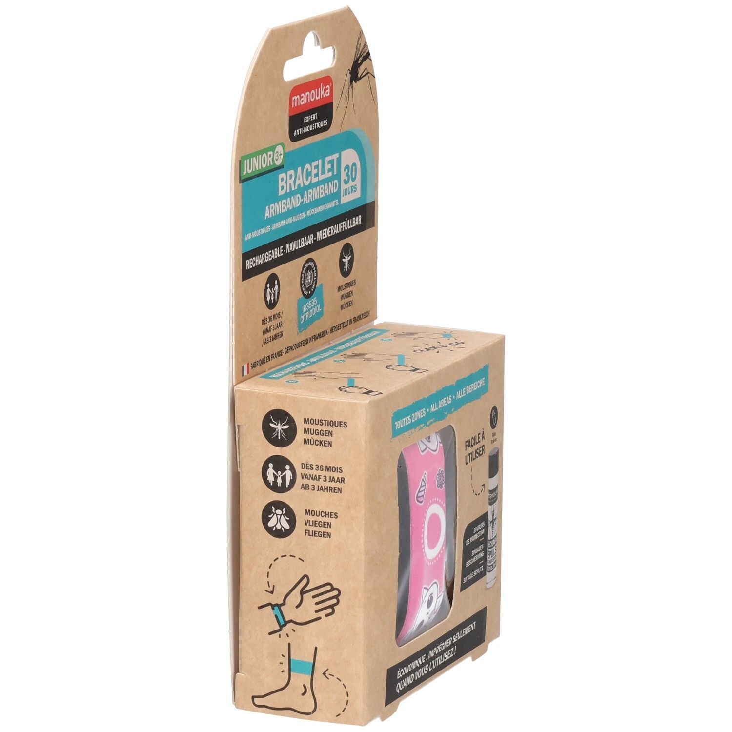 Verpakking met armband. Kartonnen doos met productinfo en logo. Roze armband met kattenmotief zichtbaar.