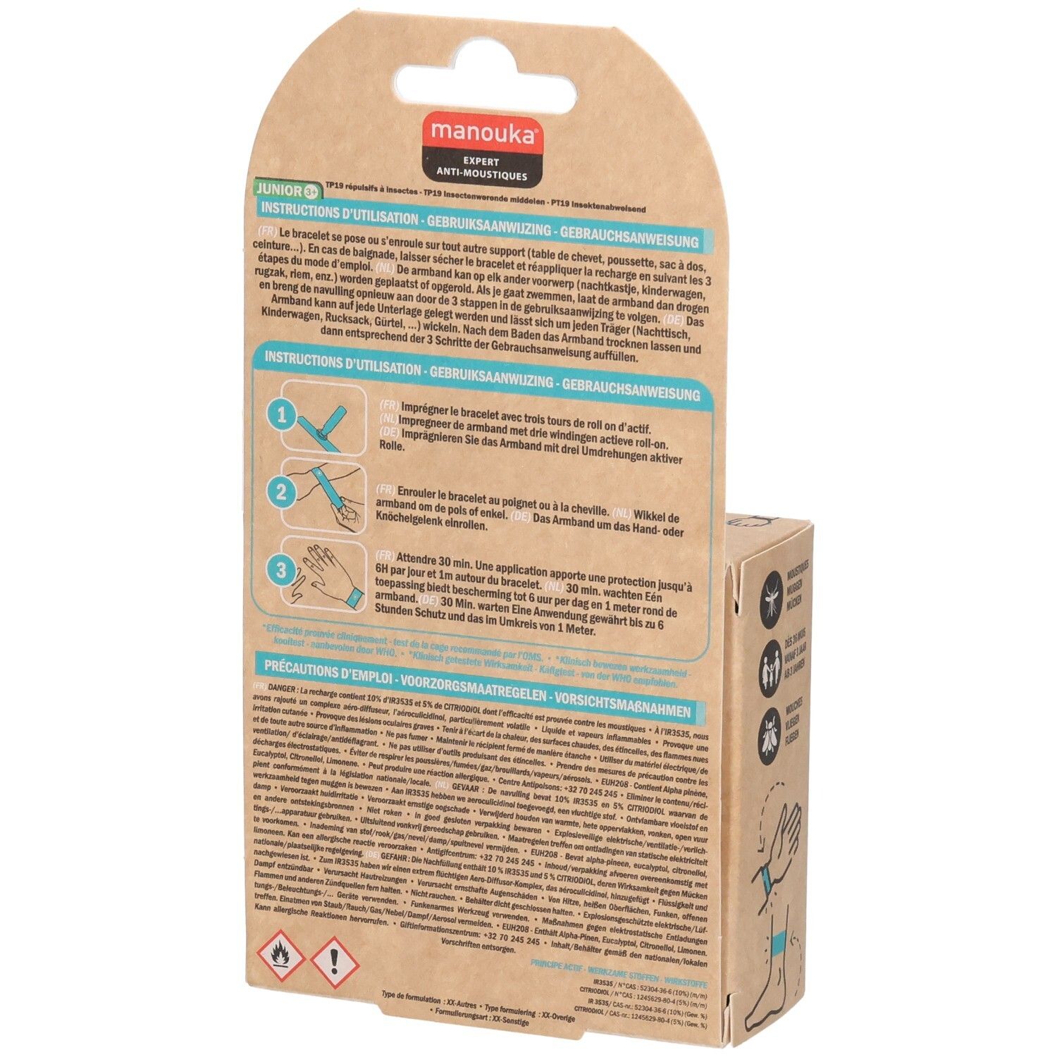 Achterkant van de verpakking. Gebruiksaanwijzingen en productinformatie in meerdere talen. Waarschuwingen.