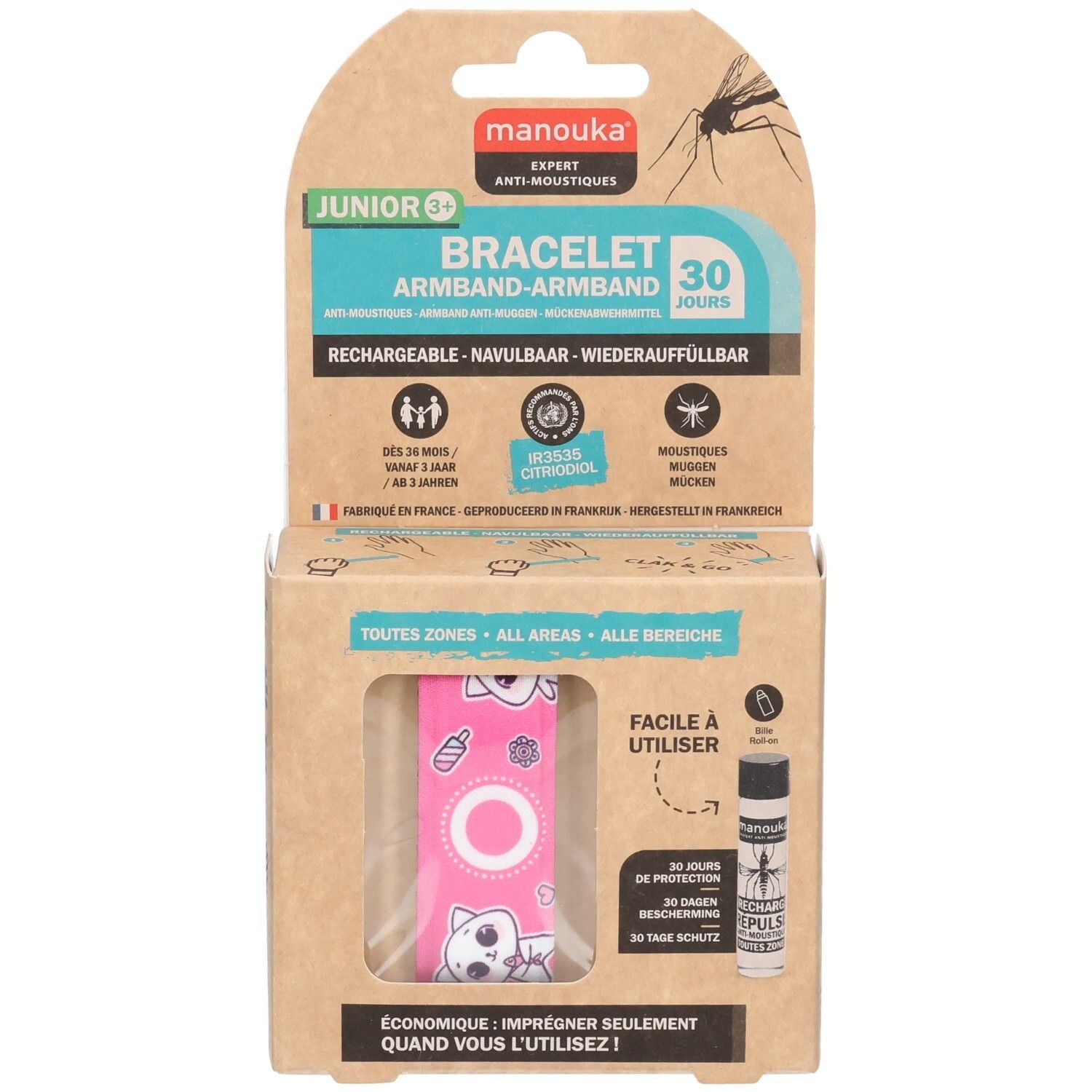 Verpakking met armband en navulfles. Roze armband met kattenmotief. Productinformatie en logo.