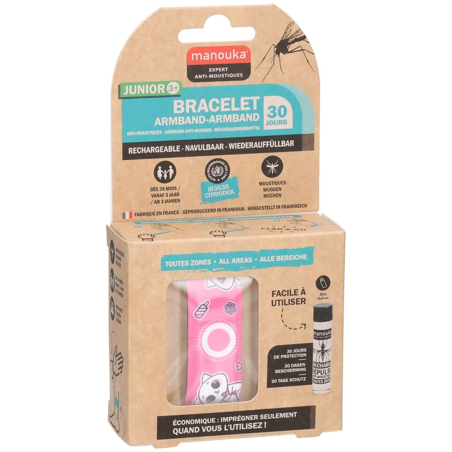 Verpakking met armband en navulfles. Roze armband met kattenmotief. Productinformatie en logo.