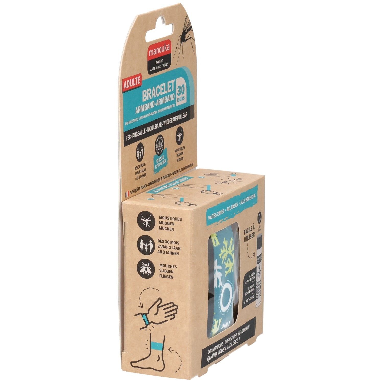 Kartonnen verpakking met armband. Opschriften: MANOUKA, armband, 30 dagen, oplaadbaar. Illustraties: toepassing op pols, bescherming tegen muggen.