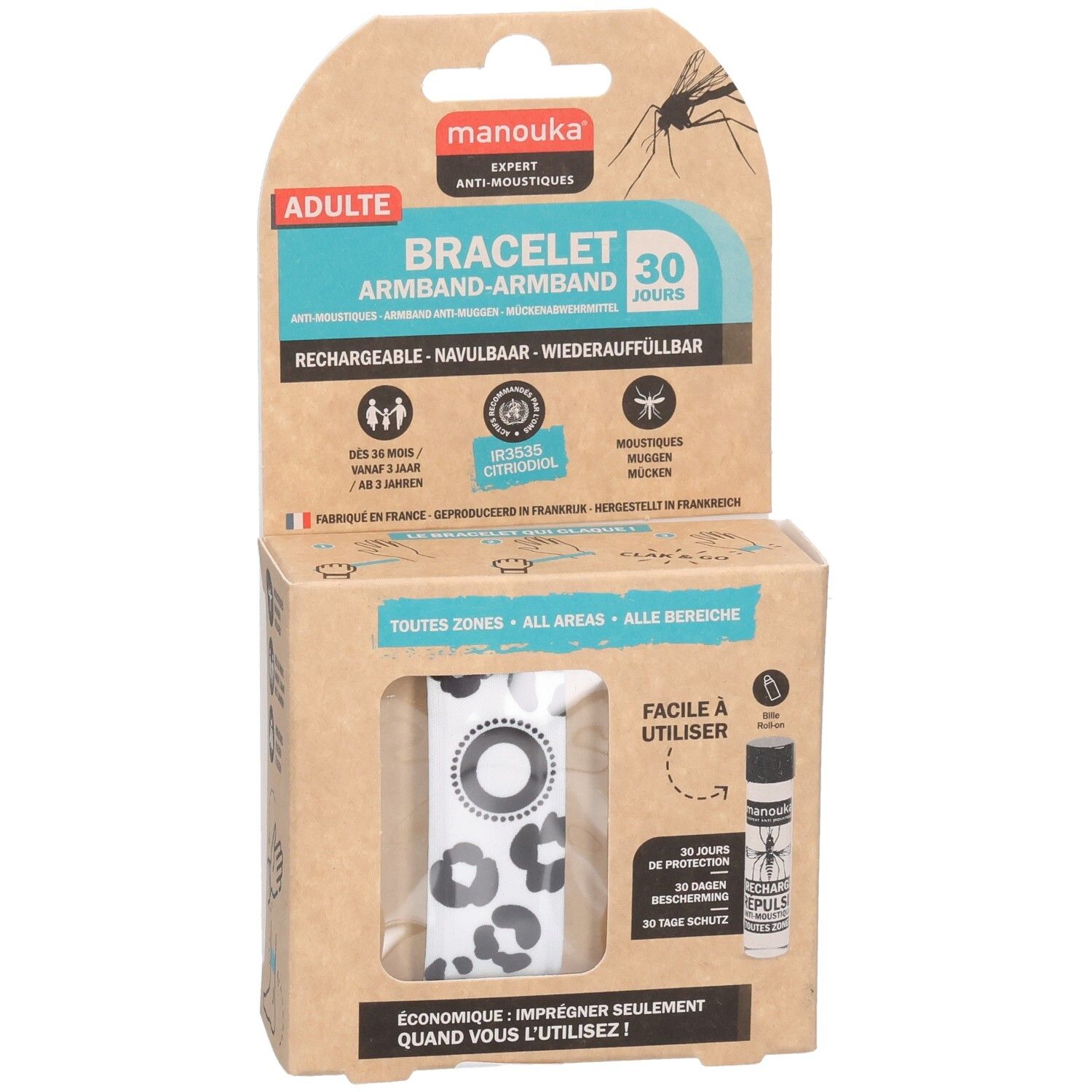 Armbandverpakking. Wit armband met zwart luipaardmotief. Doos met productinformatie en merk.