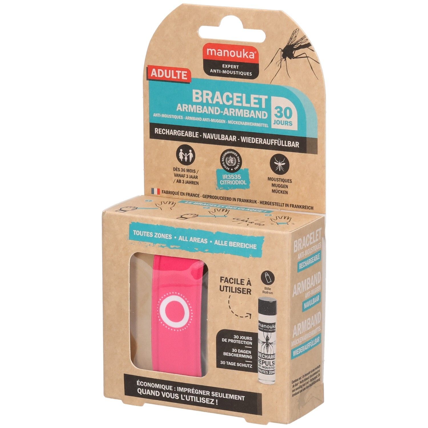 Roze armband in verpakking. Opschrift: Bracelet, 30 dagen, oplaadbaar. Bevat een flesje. Merk: Manouka.