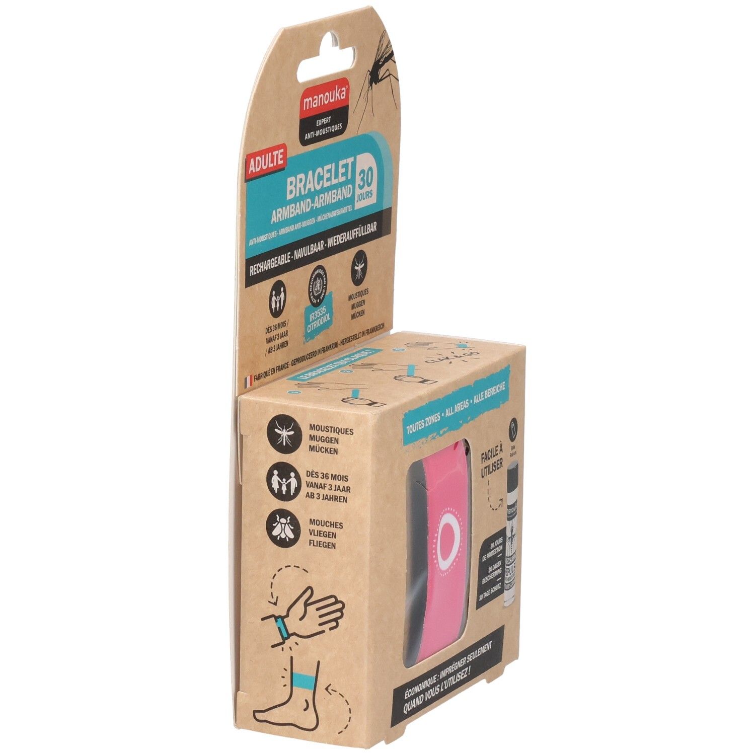 Roze armband in verpakking. Verpakking met opschrift: Bracelet, 30 dagen, oplaadbaar. Merk: Manouka. Illustratie: arm op pols.