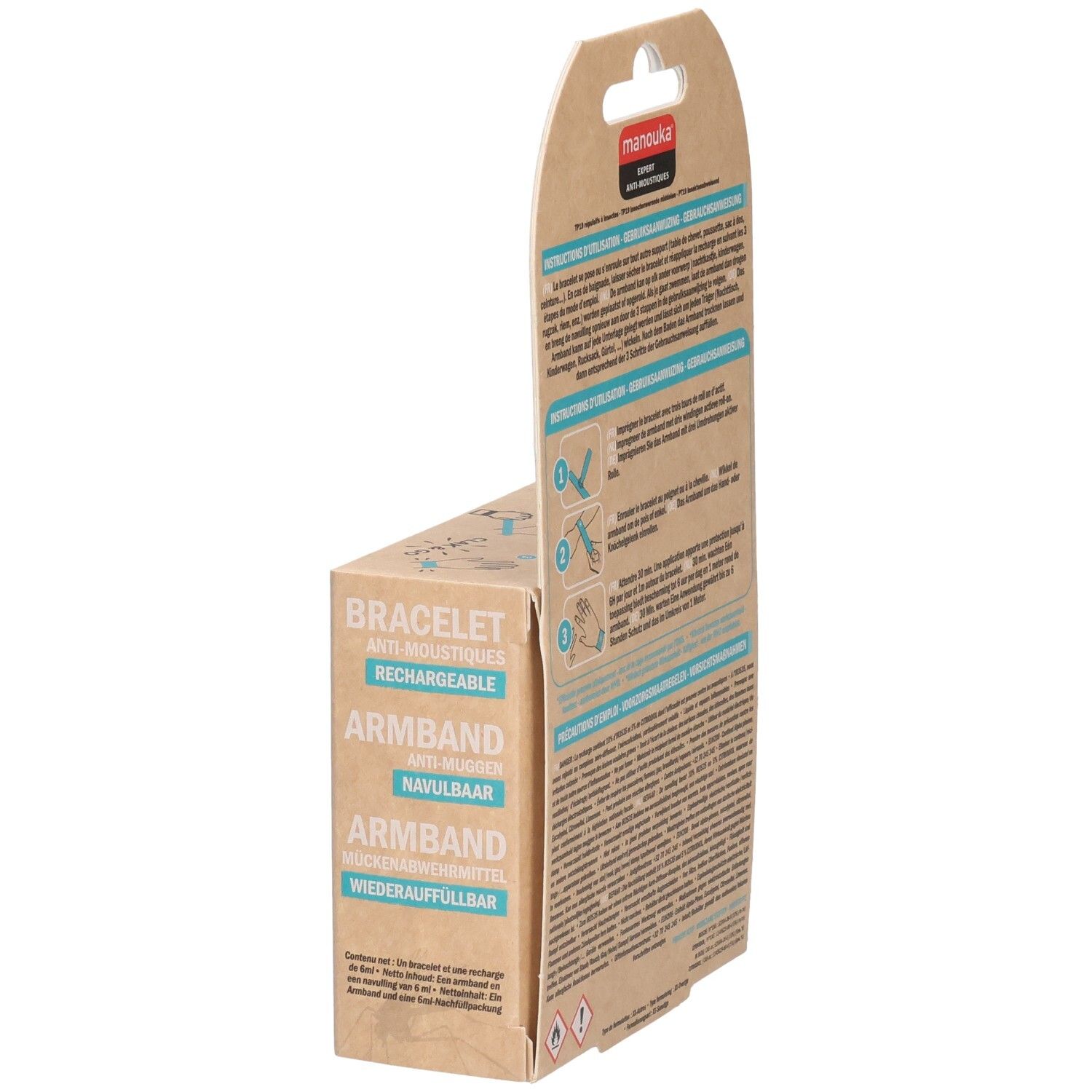 Verpakking met opschrift: Bracelet, 30 dagen, oplaadbaar. Merk: Manouka. Achterkant met tekst en illustraties.