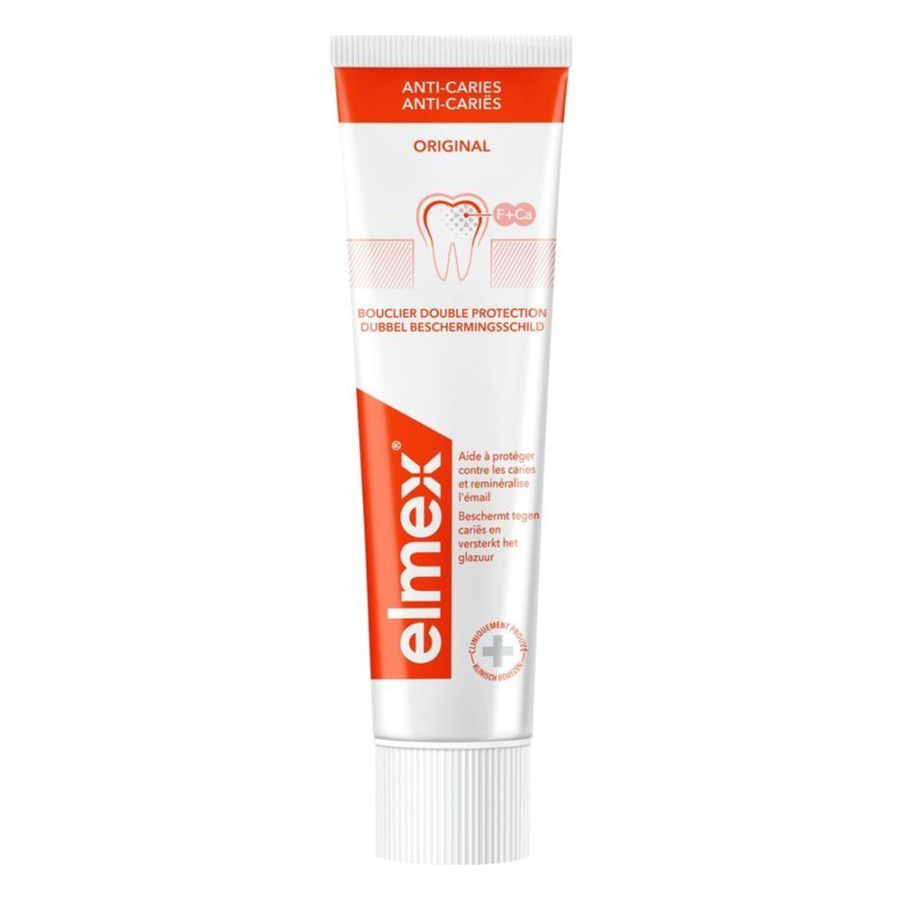 Tube de dentifrice Elmex Anti-Caries Original, design rouge et blanc. Montre une dent avec protection carie.
