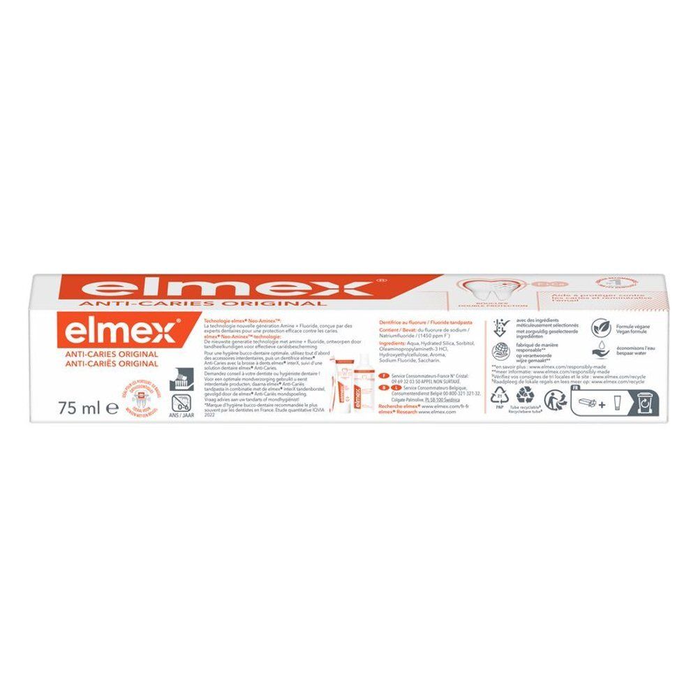 Doos Elmex Tandpasta Anti-Caries Original 75ml. Bevat informatie en gebruiksinstructies.