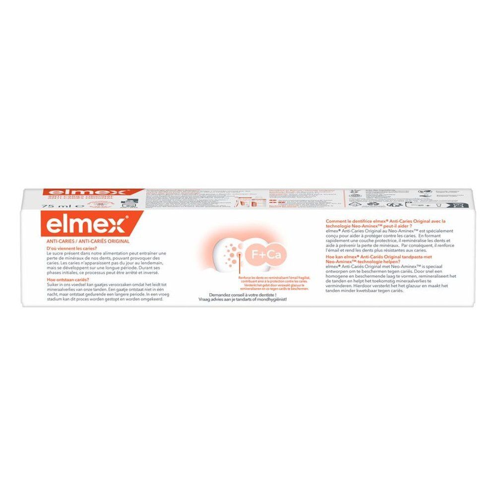 Arrière de la boîte Elmex Dentifrice Anti-Caries Original. Montre une illustration de dent avec F+Ca et texte.