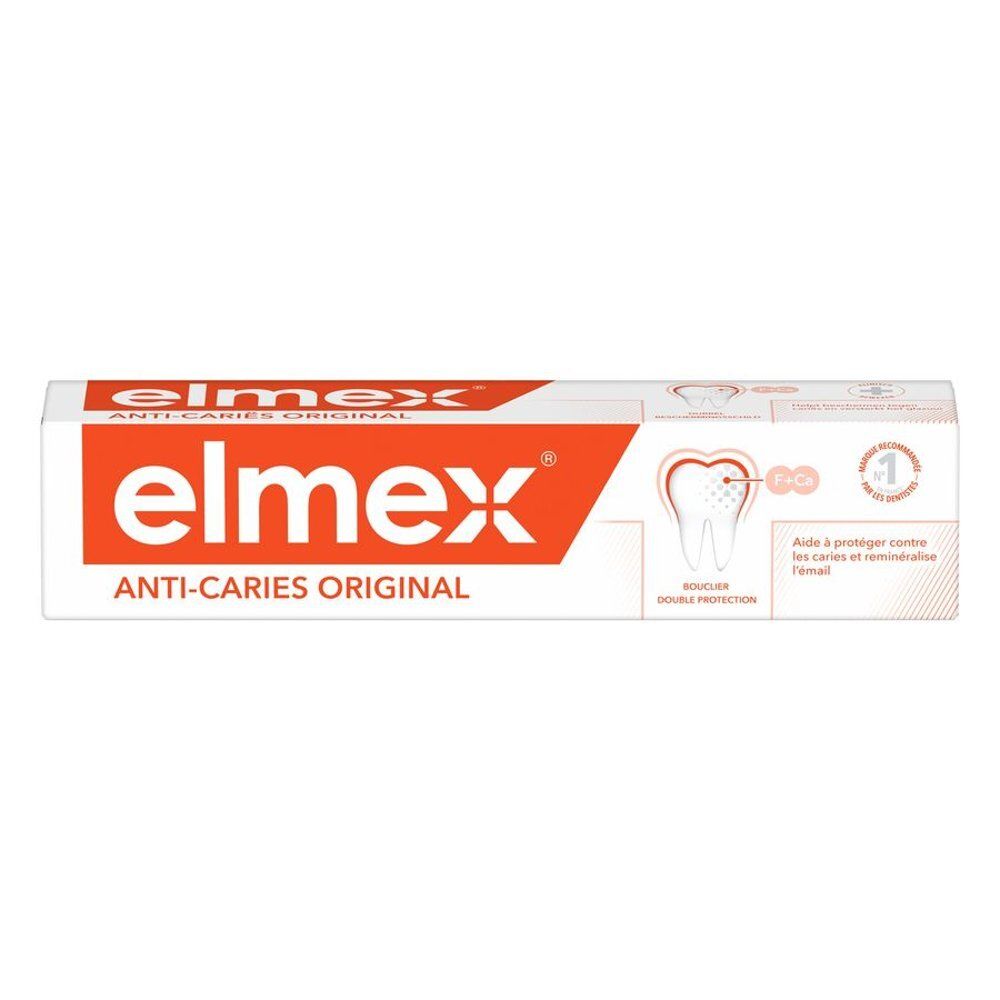 Voorkant van de Elmex Tandpasta Anti-Caries Original doos. Toont tandillustratie met beschermend schild.