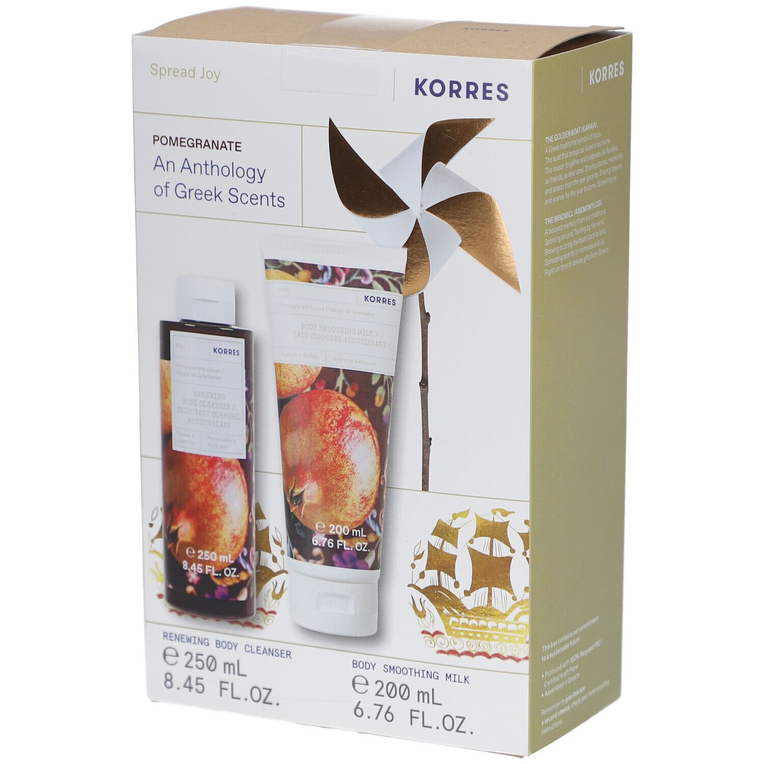 Coffret cadeau KORRES Pomegranate. Contient un nettoyant corps et un lait corps. Emballage avec motif grenade et moulin à vent.