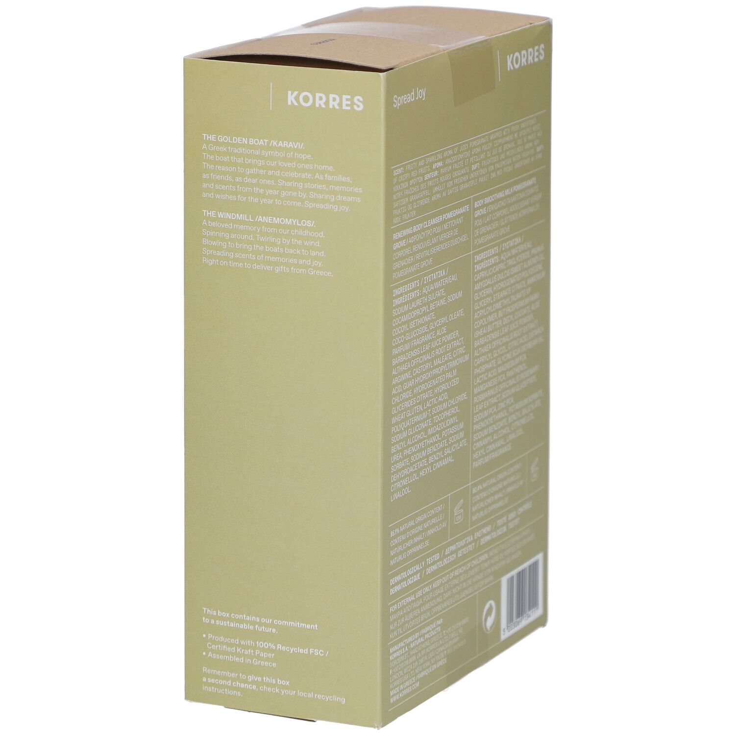 Dos du coffret KORRES. Sections de texte multilingues. Informations sur le produit.