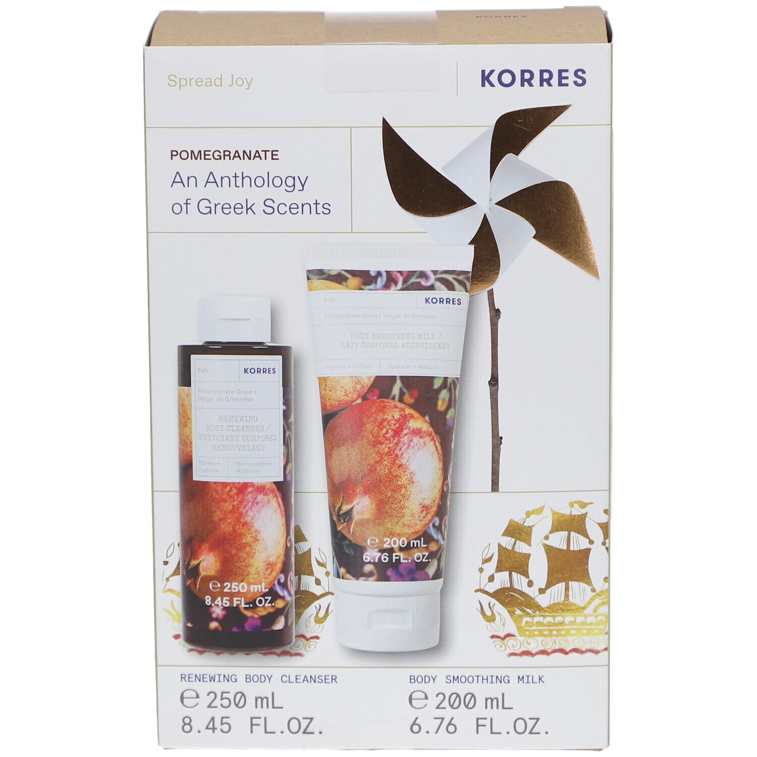 Coffret cadeau KORRES Pomegranate. Contient une bouteille et un tube. Motif grenade. Décoration moulin à vent.