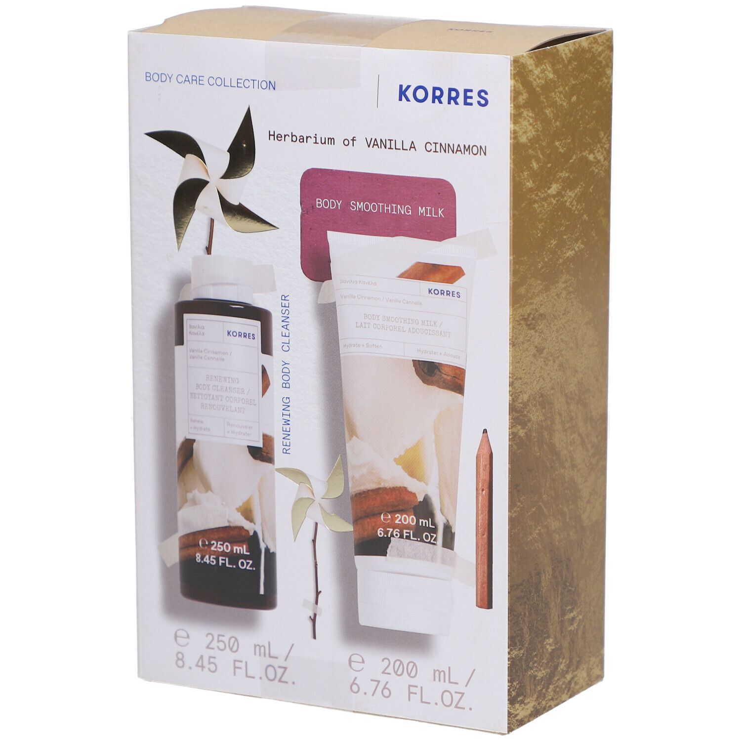 Coffret de soins corporels KORRES. Contient un nettoyant et un lait lissant. Inscription: Vanilla Cinnamon. Emballage en carton.