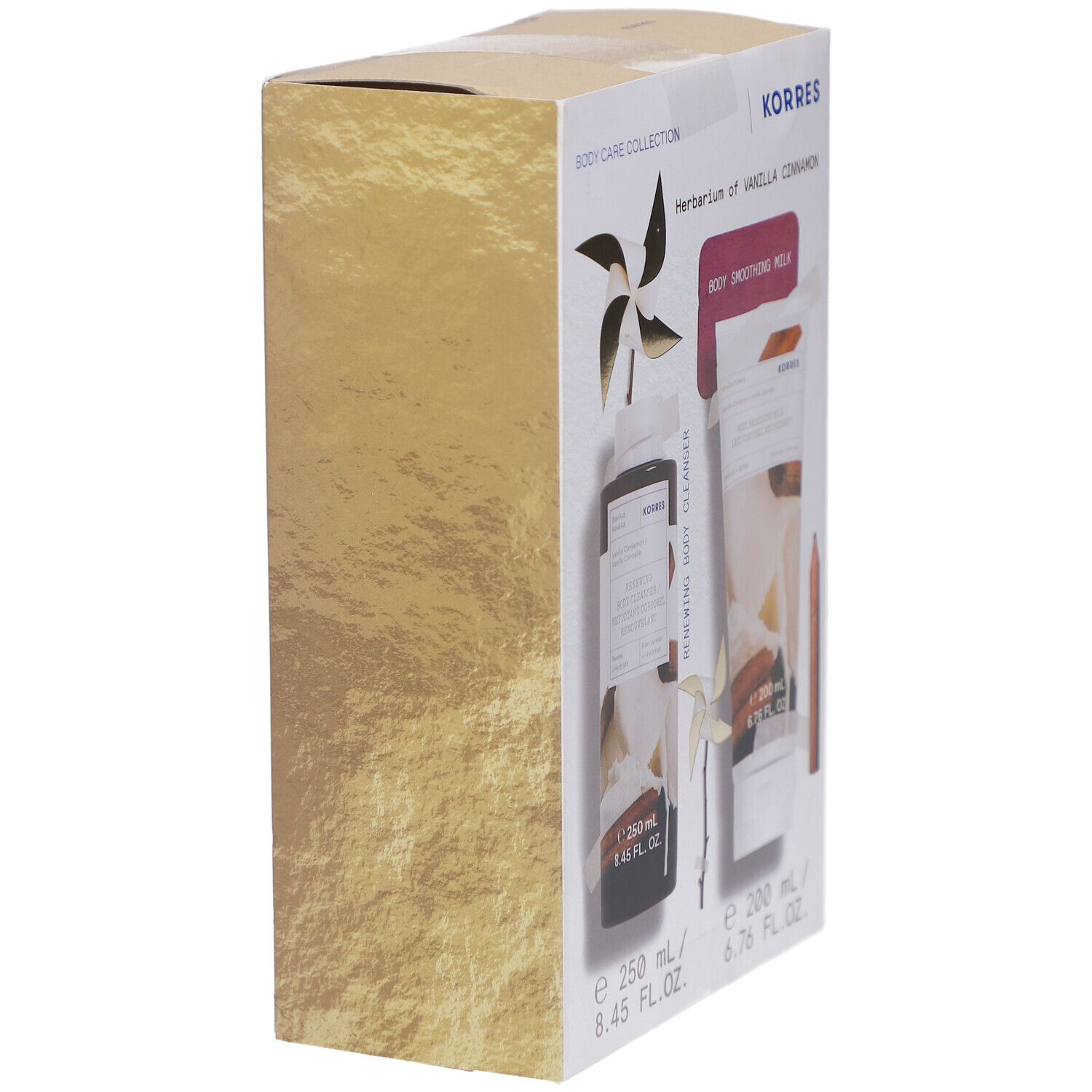 Coffret de soins corporels KORRES en carton doré. Contient un nettoyant et un lait lissant. Vue latérale.