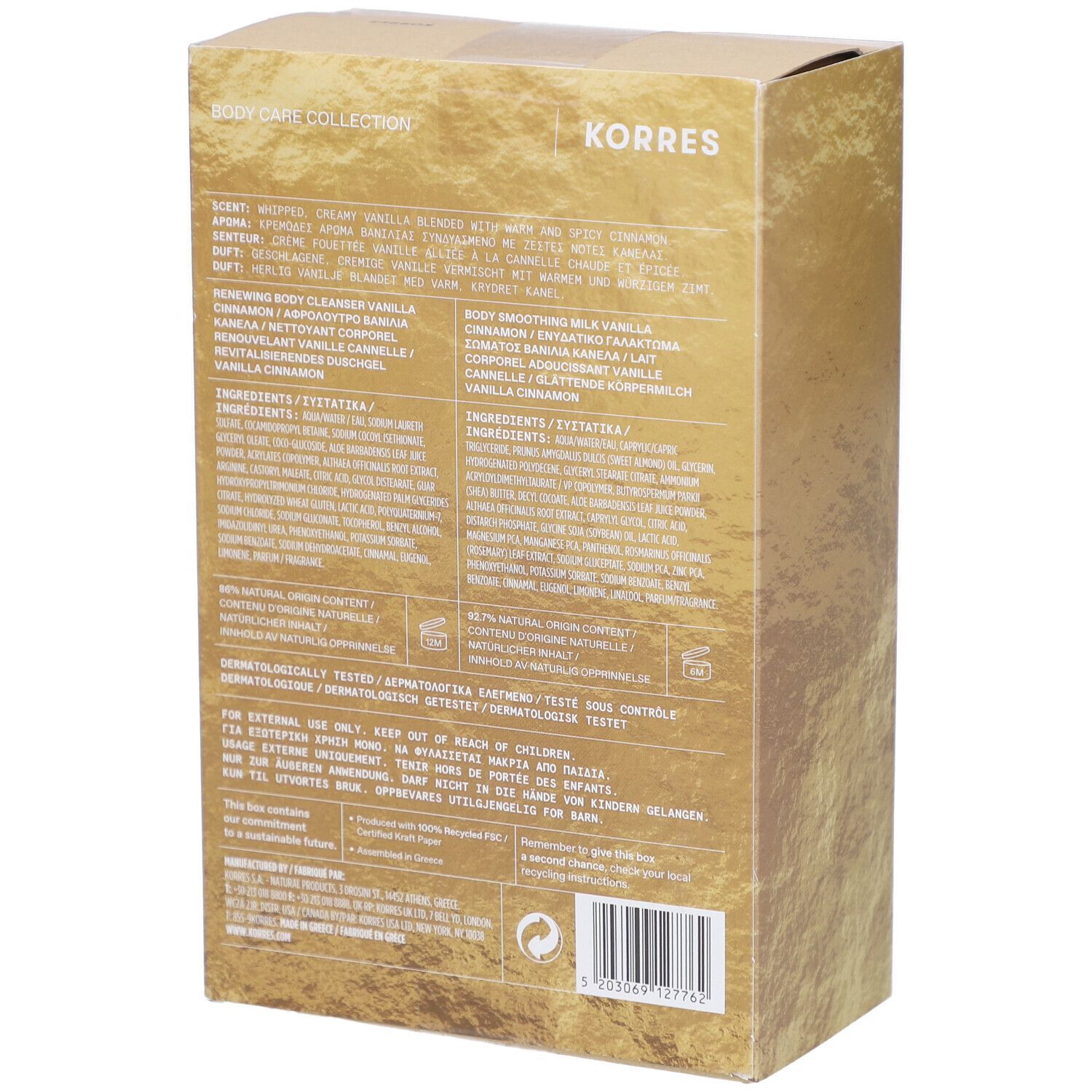 Dos du coffret en carton doré. Texte avec ingrédients et informations. Marque KORRES.