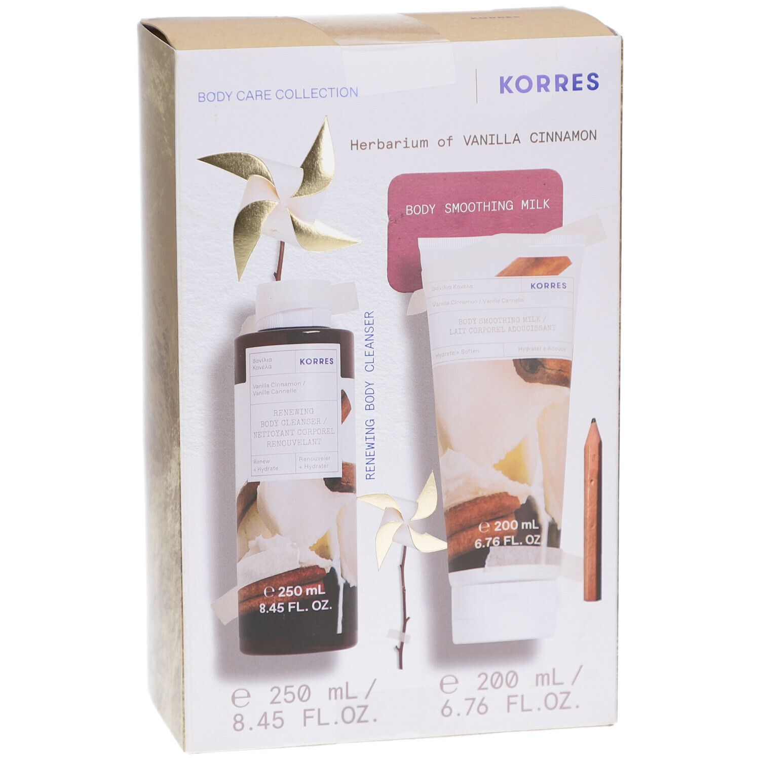 Coffret de soins corporels KORRES. Contient un nettoyant et un lait lissant. Inscription: Vanilla Cinnamon. Emballage en carton.