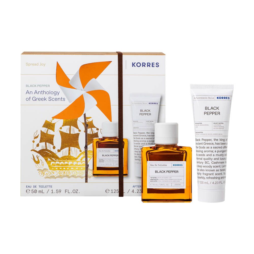 Korres cadeauverpakking met eau de toilette en aftershave balsem. Logo en productnamen zichtbaar.