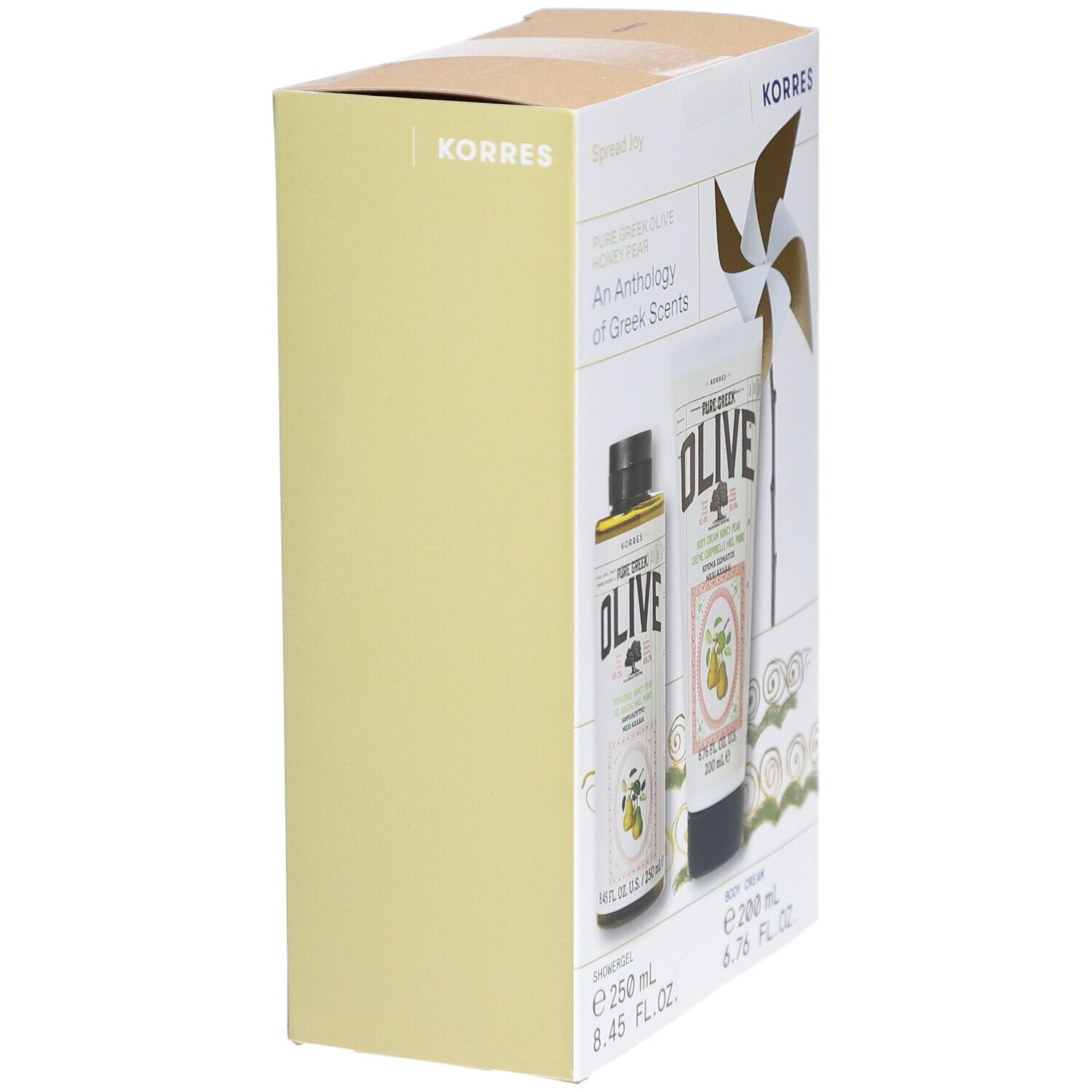 Coffret cadeau avec gel douche et crème pour le corps. La boîte est vert clair et porte le logo Korres.