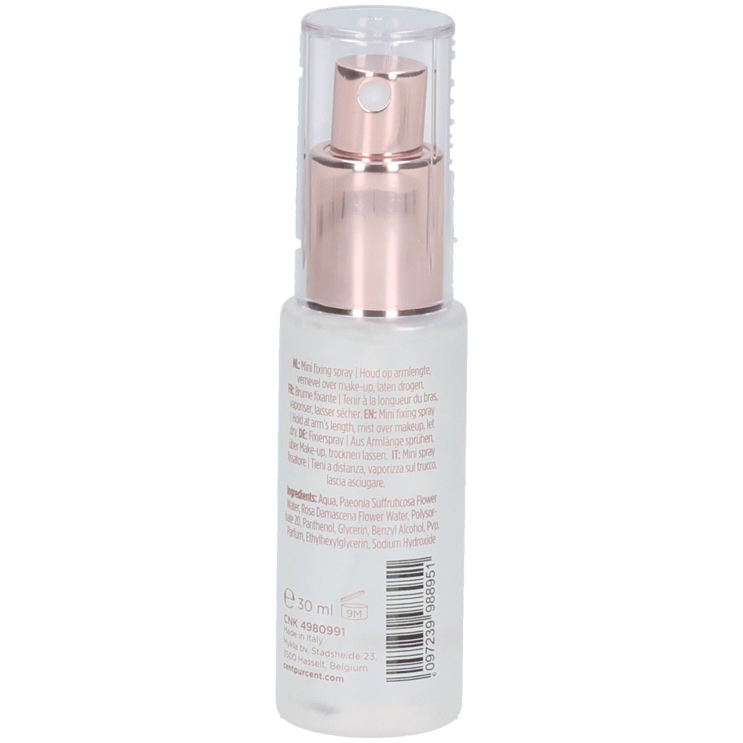 Kleine spuitfles, achterkant met tekst. Opschrift: CENT PER CENT, MINI LE FIXEUR. Ingrediënten en volume: 30 ml.
