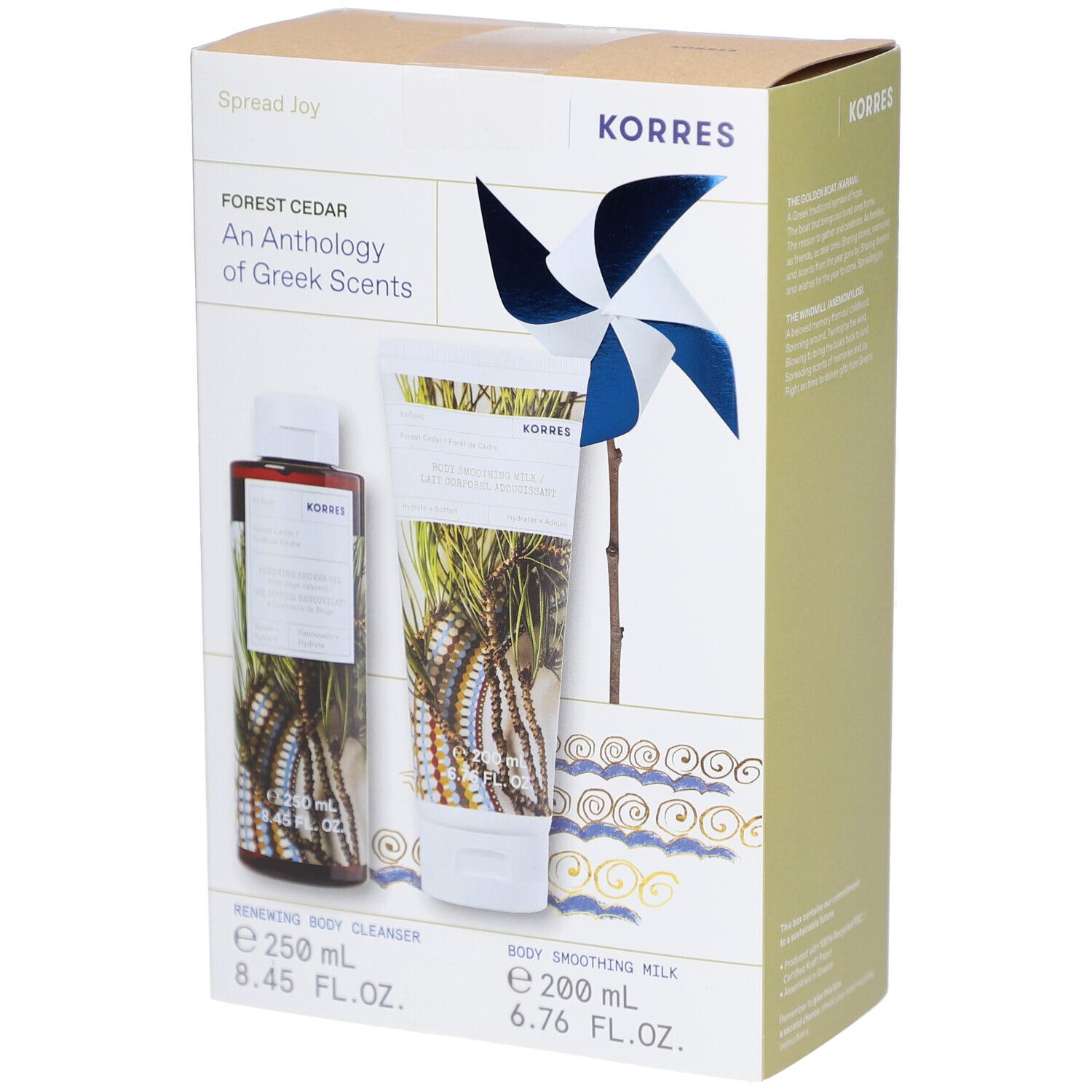 Coffret cadeau Korres avec gel douche et lait corporel. Décoration d'un moulin à vent.