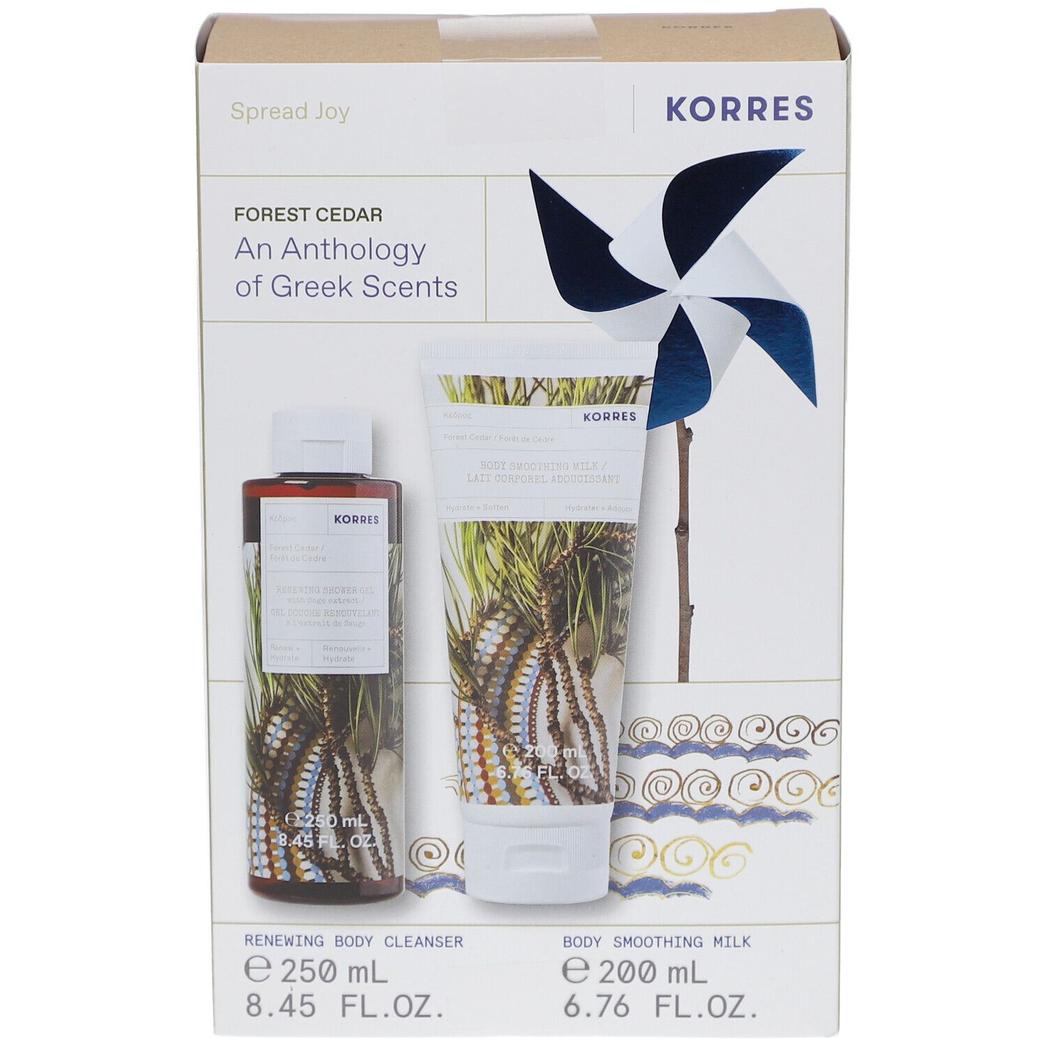 Coffret cadeau Korres avec gel douche et lait corporel. Décoration de moulin à vent.