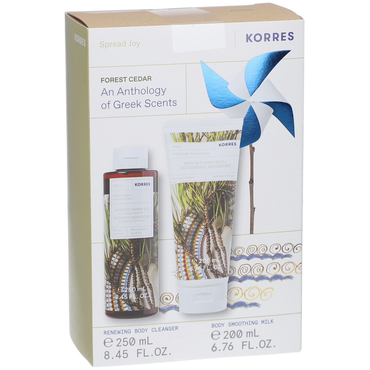 Coffret cadeau Korres avec gel douche et lait corporel. Décoration de moulin à vent.