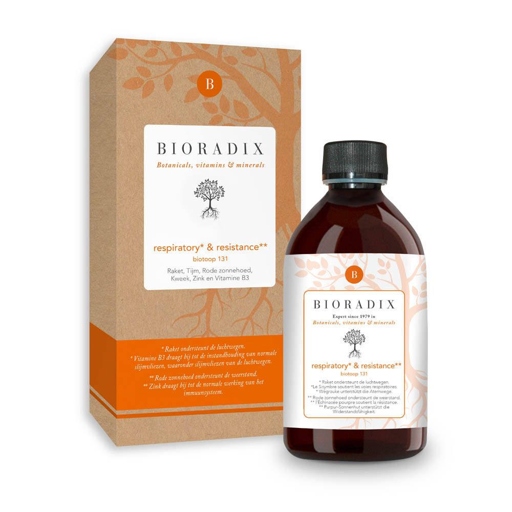 Bioradix Respiratory & Resistance fles naast de geopende kartonnen verpakking.