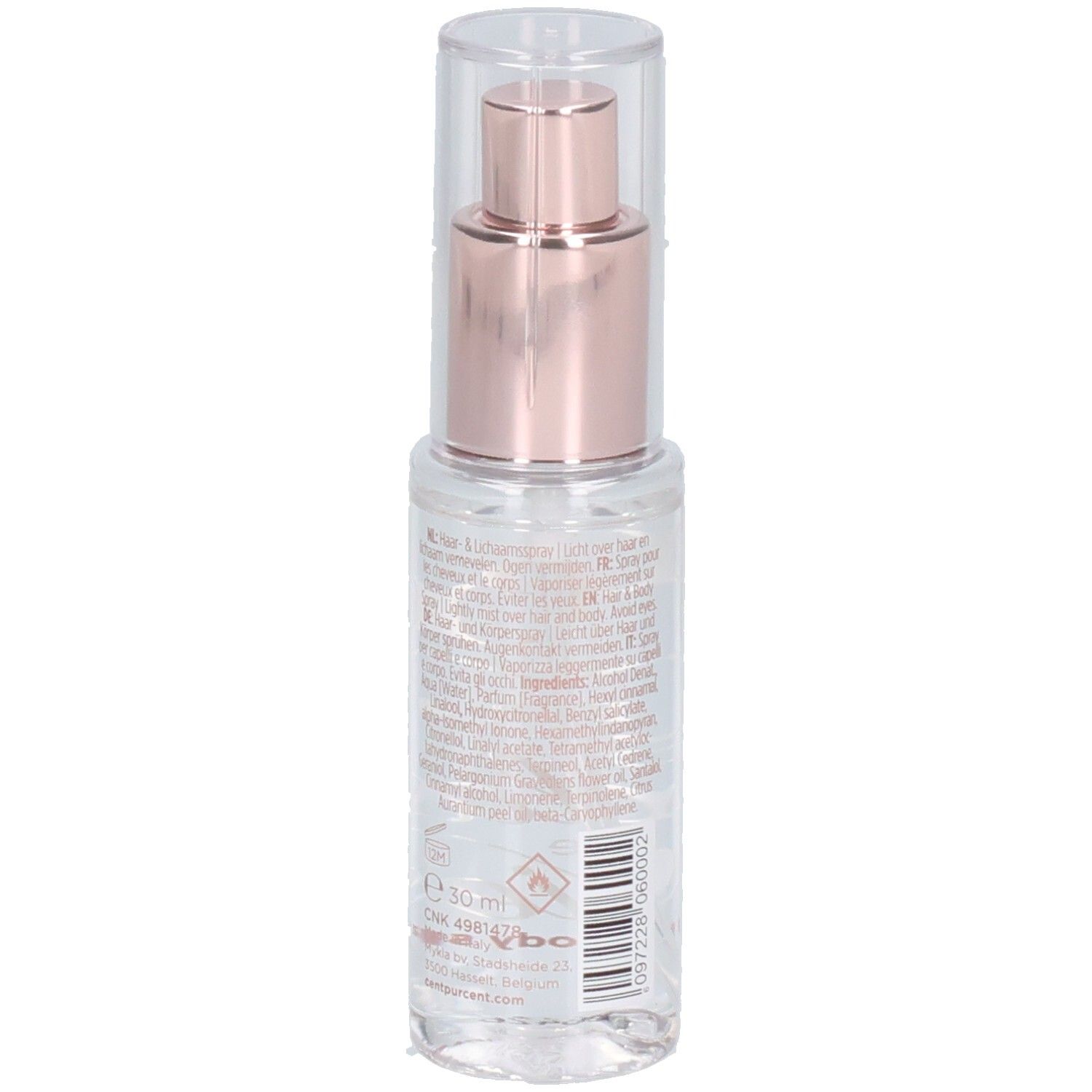 Spray pour cheveux Cent Pur Cent, 30 ml, avec applicateur or rose et étiquette.