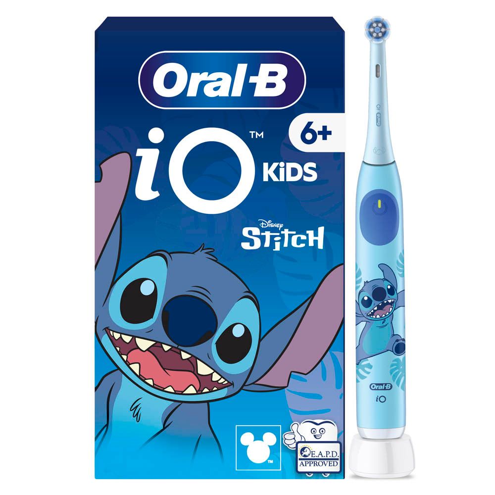 Tandenborstel en verpakking. Oral-B iO Kids Disney Stitch. Blauwe tandenborstel en verpakking met Stitch.