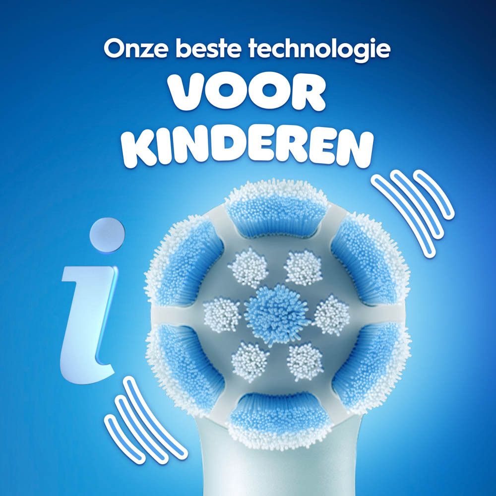 Close-up van de borstelkop. Tekst: Onze beste technologie VOOR KINDEREN.